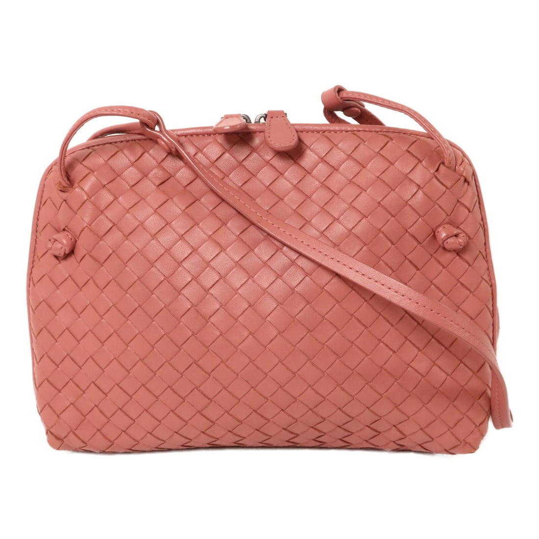 Bottega Veneta Pink Lambskin Shoulder Bag with Mirror: Bottega Veneta Pink Lambskin Shoulder Bag with Mirror Pink BOTTEGA VENETA BV shoulder bag crafted from lambskin (sheep leather). It features a fastener closure, one open interior pocket, one interior 
