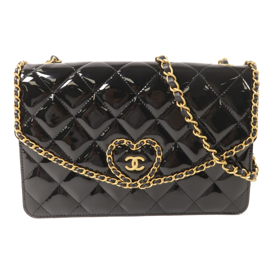 Patent Leather Chain Shoulder Bag CHANEL CC Black GHW: Patent Leather Chain Shoulder Bag CHANEL CC Black GHW Black patent leather chain shoulder bag with a CC motif and gold-tone hardware. It features a magnetic pocket, one open outside pocket, and two in