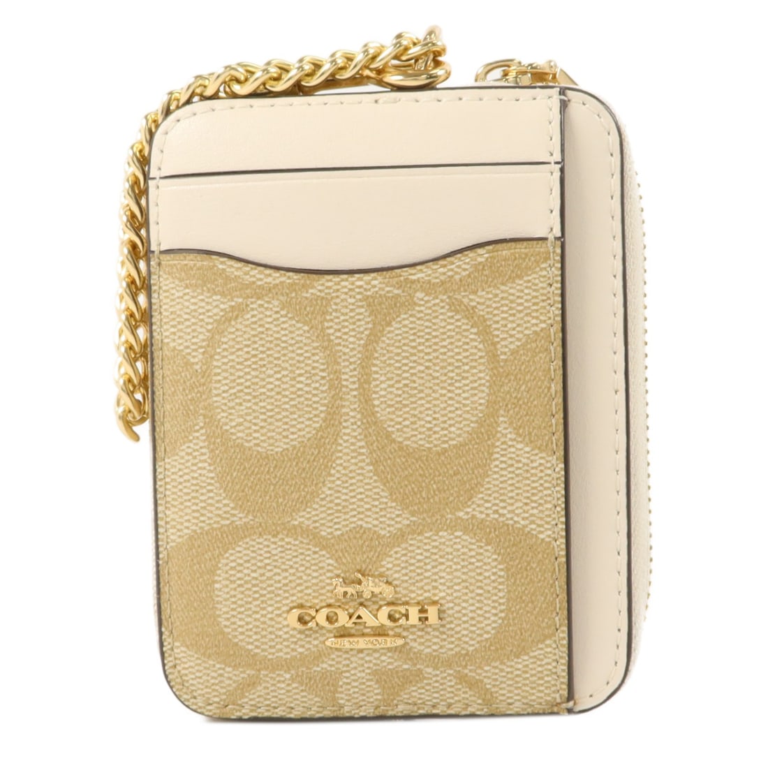 COACH C0058 Beige Coated Canvas Zip Card Case with Chain: COACH C0058 Beige Coated Canvas Zip Card Case with Chain This COACH zip card case is made from PVC coated canvas in beige and is designed for women. It features a compact regular-size profile with spa