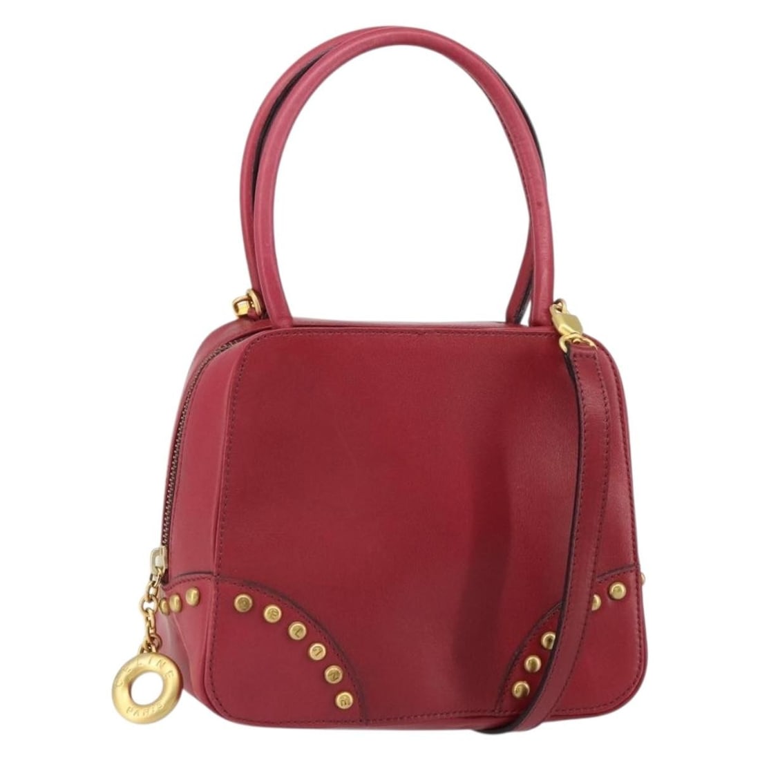 CELINE red leather 2way circle handbag with shoulder strap: CELINE red leather 2way circle handbag with shoulder strap CELINE hand bag in leather with a red and gold color combination. This 2-way style includes a shoulder strap and is made in Italy. The bag me