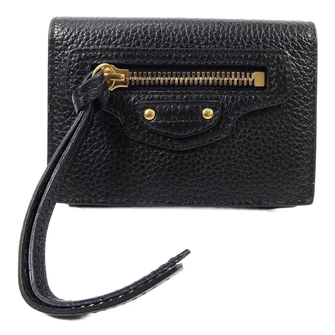 Balenciaga 640107 Neo Classic Mini Wallet Black Calfskin: Balenciaga 640107 Neo Classic Mini Wallet Black Calfskin A Balenciaga Neo Classic Mini Wallet in black calfskin leather, model 640107. It features a hook button closure, three card slots, and one coin