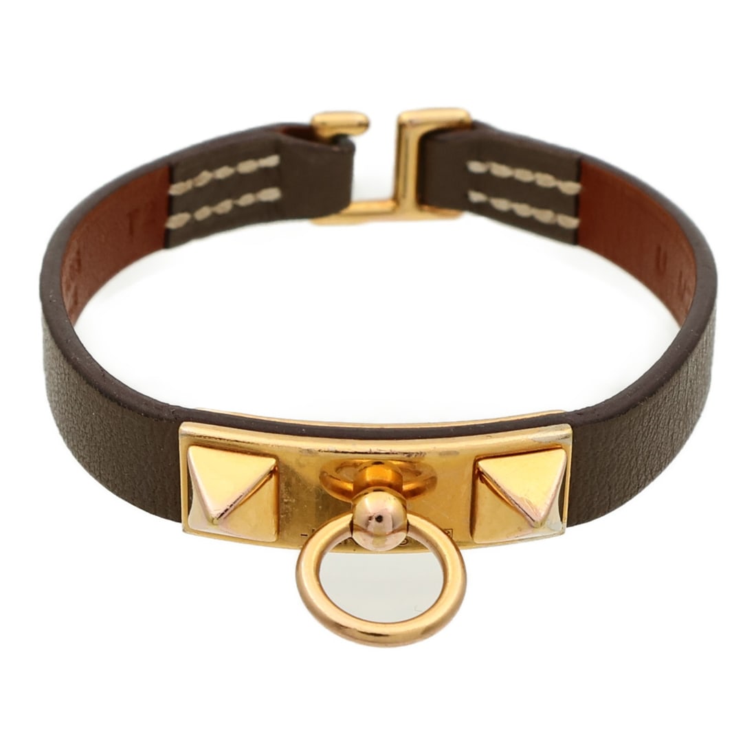 Hermes Rivale Mini Swift Calfskin Bracelet Etoupe Gray: Hermes Rivale Mini Swift Calfskin Bracelet Etoupe Gray Hermes Rivale Mini Bracelet in Swift leather and calfskin (cowhide), presented in Etoupe grey and gray tones. This women's bracelet is made in Fr