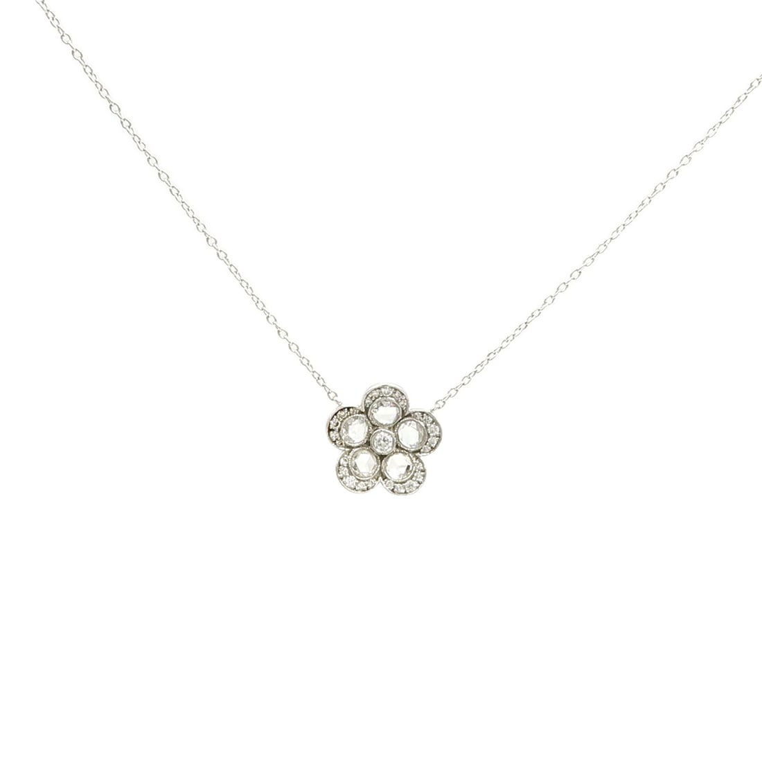 Tiffany Co Garden Flower Pt950 Platinum Diamond Necklace: Tiffany Co Garden Flower Pt950 Platinum Diamond Necklace A Tiffany & Co. Garden Flower necklace featuring a diamond flower motif in PT950 platinum. The necklace is described as clear in color and come