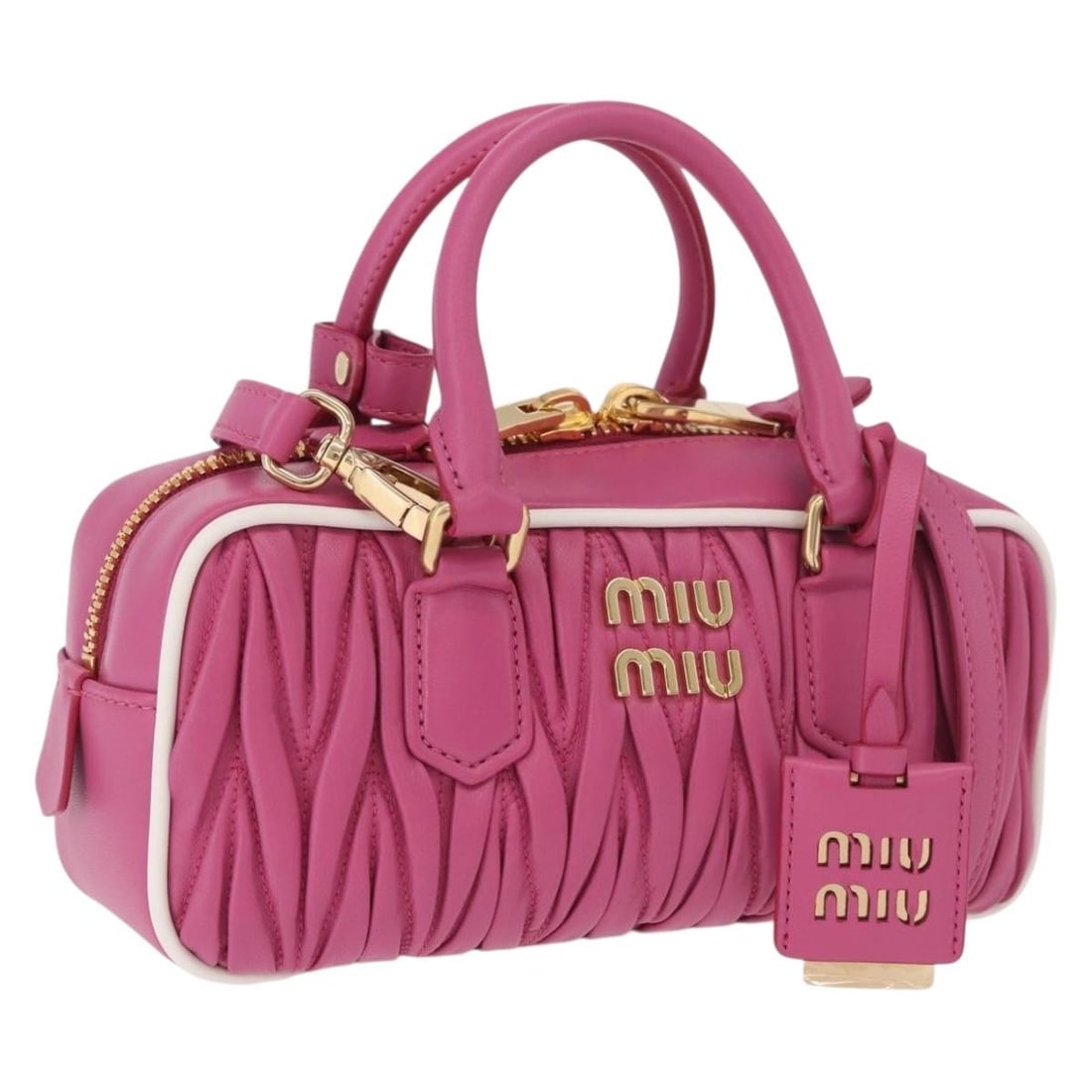 Miu Miu Arcadi Small Matelasse Leather 2way Handbag Pink Gold: Miu Miu Arcadi Small Matelasse Leather 2way Handbag Pink Gold Miu Miu Matelasse Arcadi small leather handbag in pink and gold, designed for women and made in Italy. It features a 2-way style with a sh
