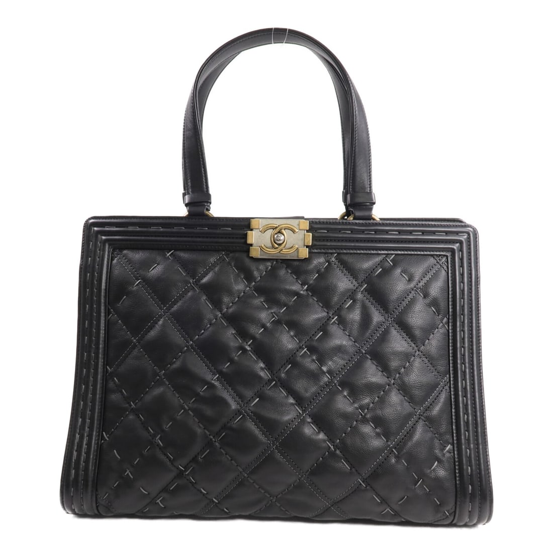 Chanel Boy CC Tote Bag Black Calfskin Leather Gold Tone Hardware: Chanel Boy CC Tote Bag Black Calfskin Leather Gold Tone Hardware A CHANEL Boy Tote Bag in black calfskin (cowhide) leather, designed for women and made in France. It features a black frame color and i