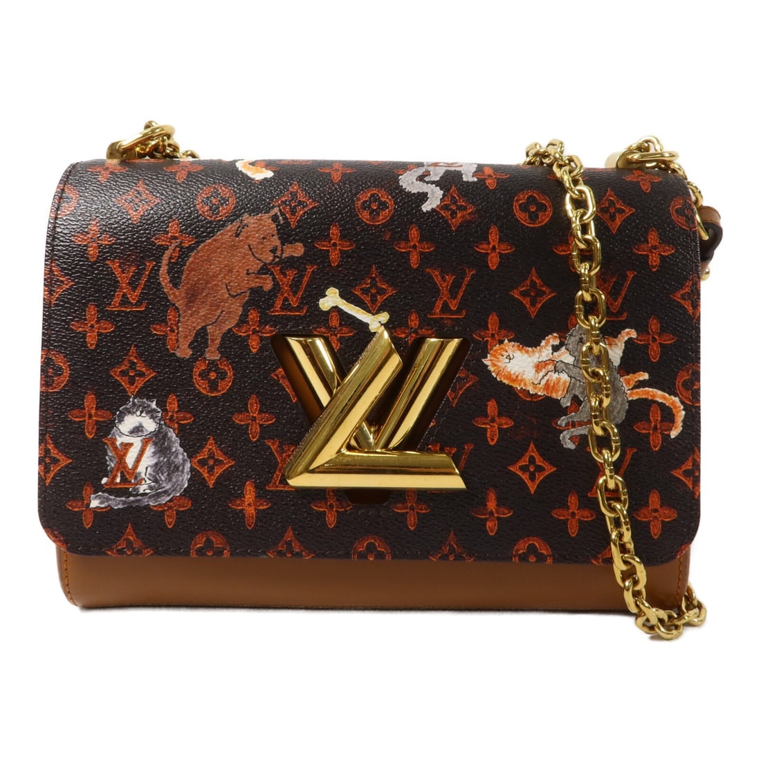 Louis Vuitton Catgram Twist MM Shoulder Bag M44408 Monogram Brown: Louis Vuitton Catgram Twist MM Shoulder Bag M44408 Monogram Brown Louis Vuitton Twist MM chain shoulder bag in Monogram Brown, model M44408. It is made from PVC coated canvas and features a turn lock 