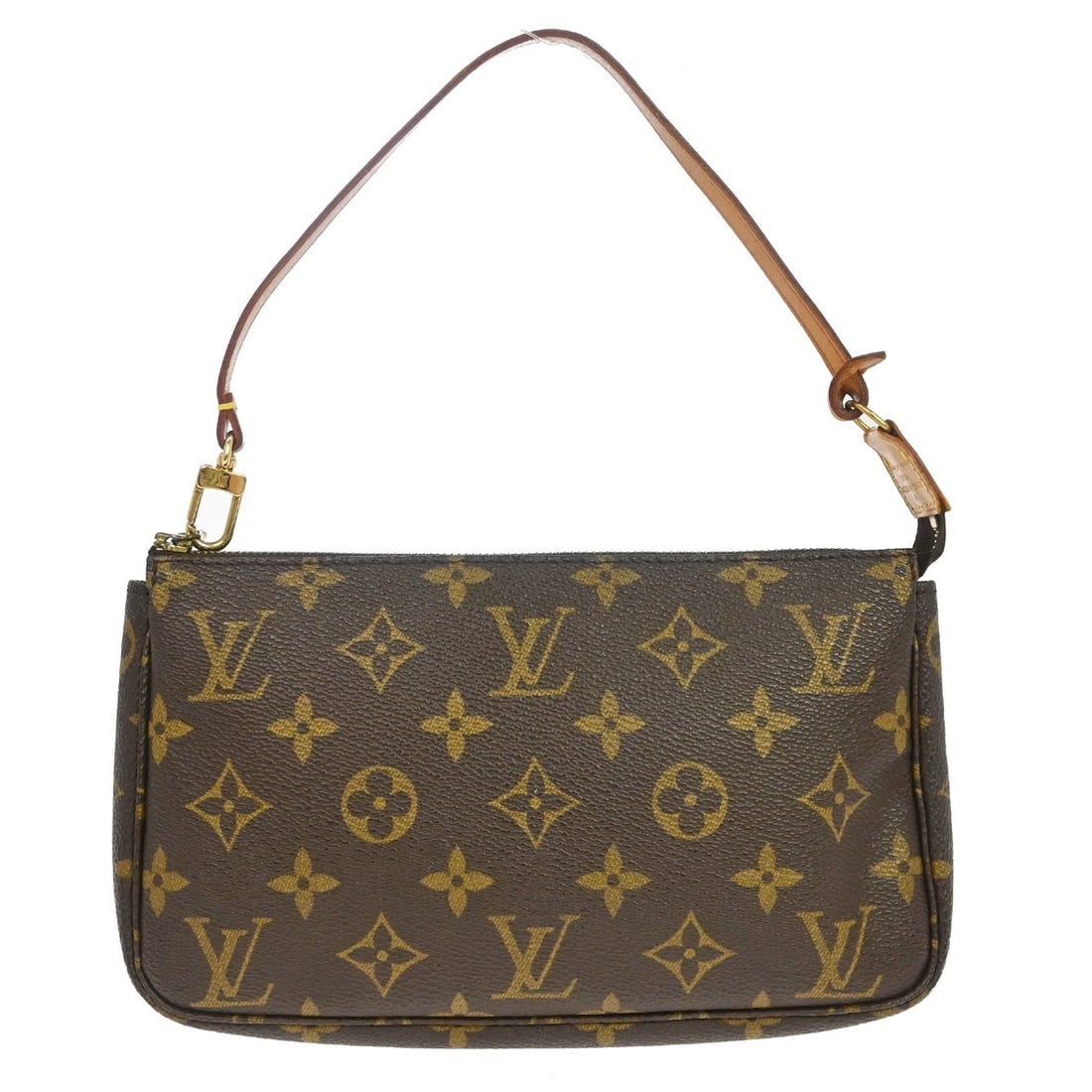 Louis Vuitton Monogram Pochette Accessoires Pouch M51980 AR0948: Louis Vuitton Monogram Pochette Accessoires Pouch M51980 AR0948 Vintage Louis Vuitton Pochette Accessoires handbag in brown Monogram canvas and leather. This small zip-top pouch features a top handle 