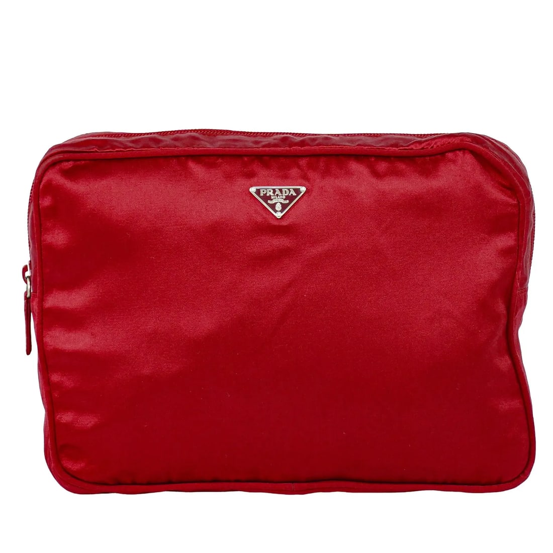 Prada Satin Red Unisex Travel Pouch with Zipper Closure: Prada Satin Red Unisex Travel Pouch with Zipper Closure This Prada zip around toiletry bag is crafted from red satin and designed for unisex use. The bag features a spacious interior and a practical z