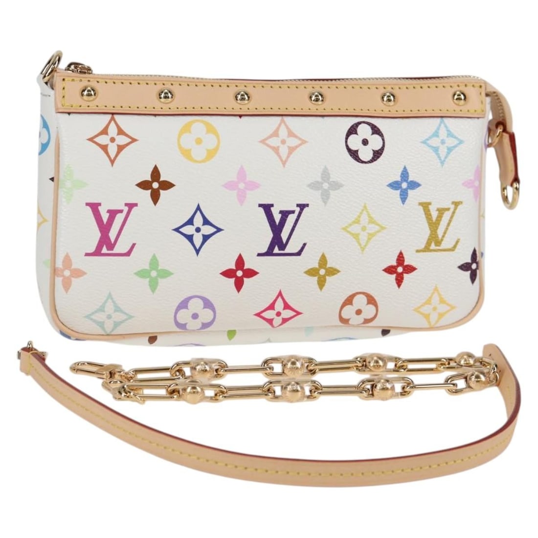 Louis Vuitton M13404 Monogram Multicolor Canvas Pochette White: Louis Vuitton M13404 Monogram Multicolor Canvas Pochette White Louis Vuitton Monogram Multicolor LV x TM pochette pouch in white Monogram Multicolor canvas. Made in France, this women's pouch includes
