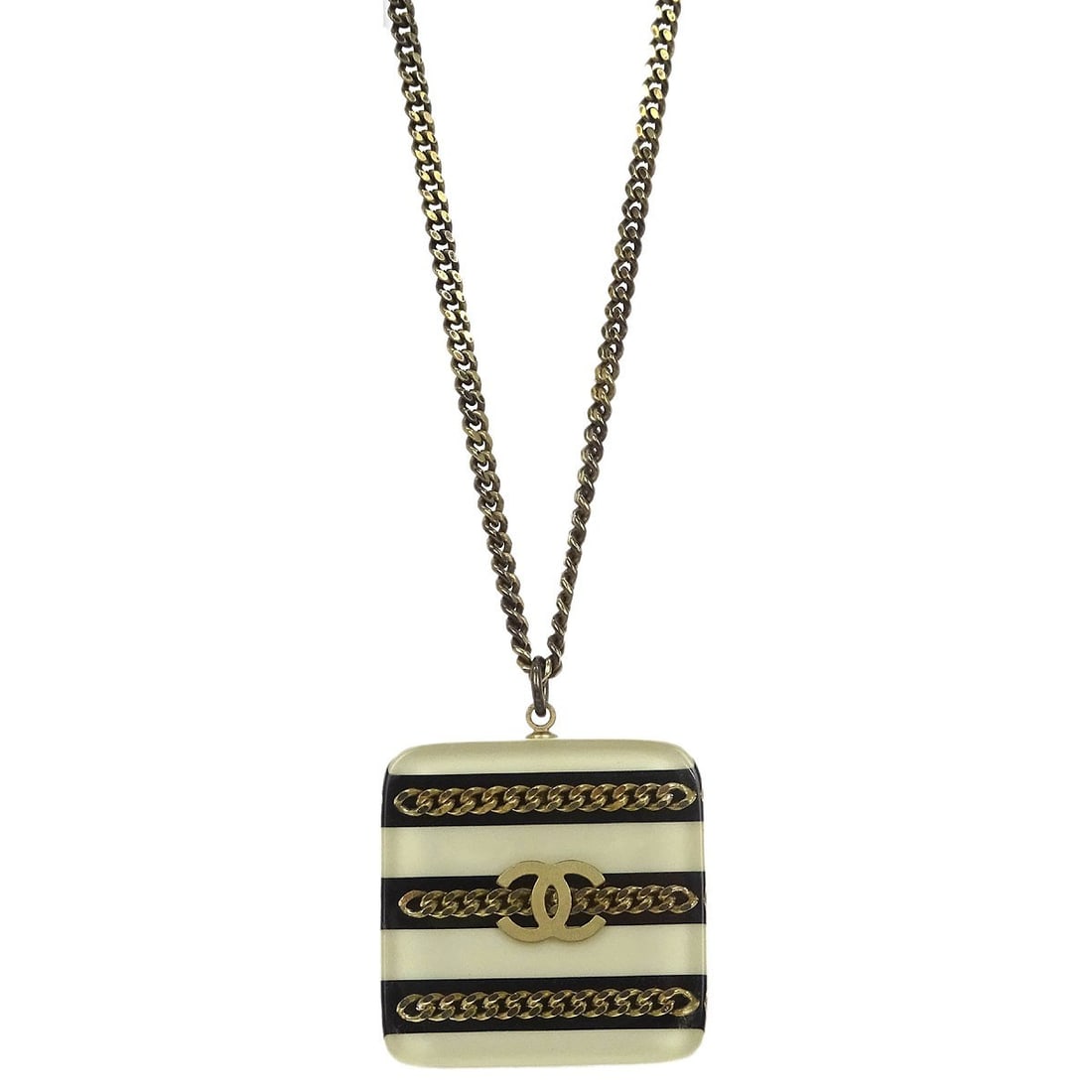 CHANEL 06A Square Charm Necklace Gold Plated France: CHANEL 06A Square Charm Necklace Gold Plated France Chanel square pendant charm necklace in gold plated metal with black and white acrylic details. This 06A necklace is made in France and features a s