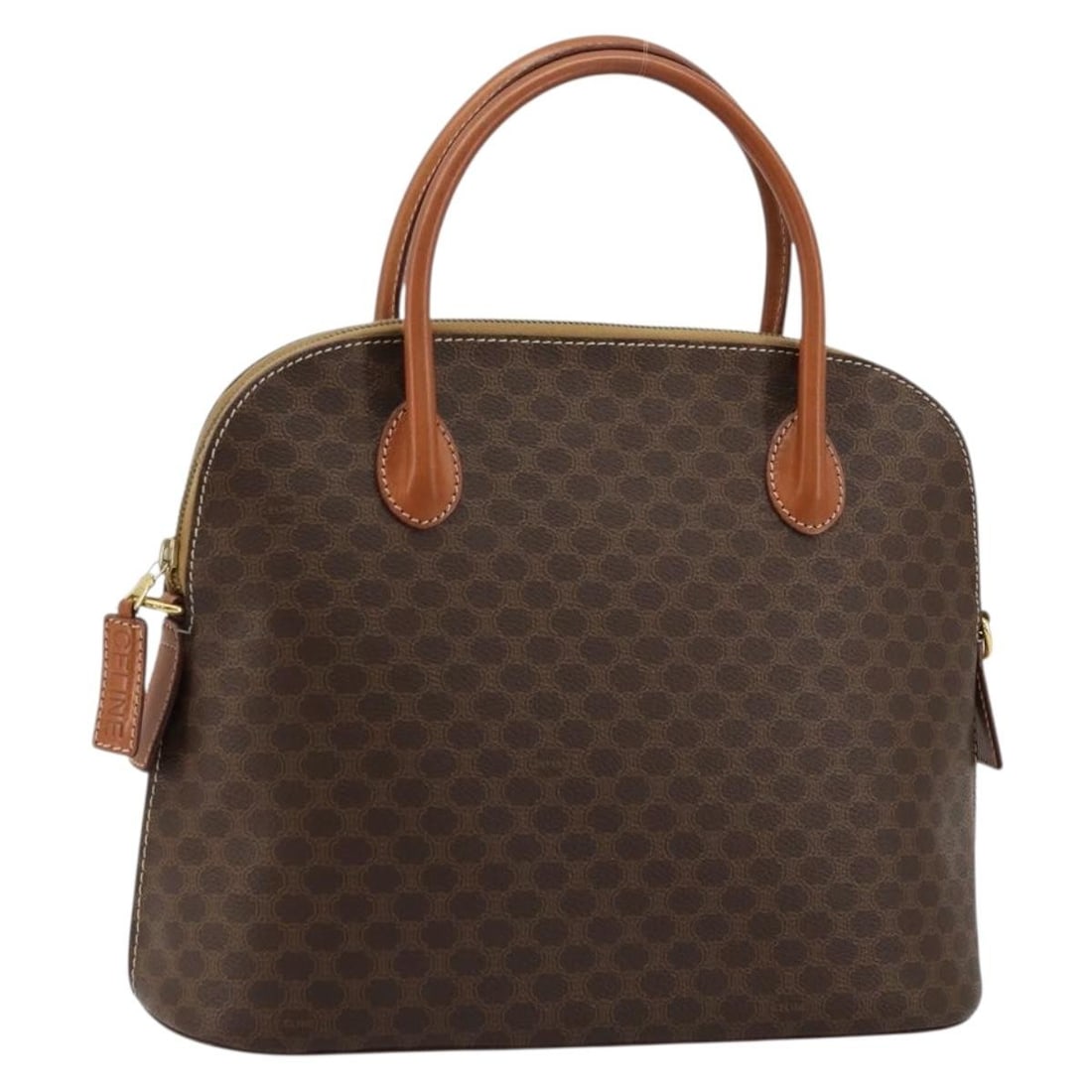 CELINE Macadam Brown PVC Leather Handbag Gold Tone: CELINE Macadam Brown PVC Leather Handbag Gold Tone Celine Macadam canvas hand bag in brown with gold-tone accents, made in Italy. This women's bag is crafted from PVC leather and Macadam canvas and in