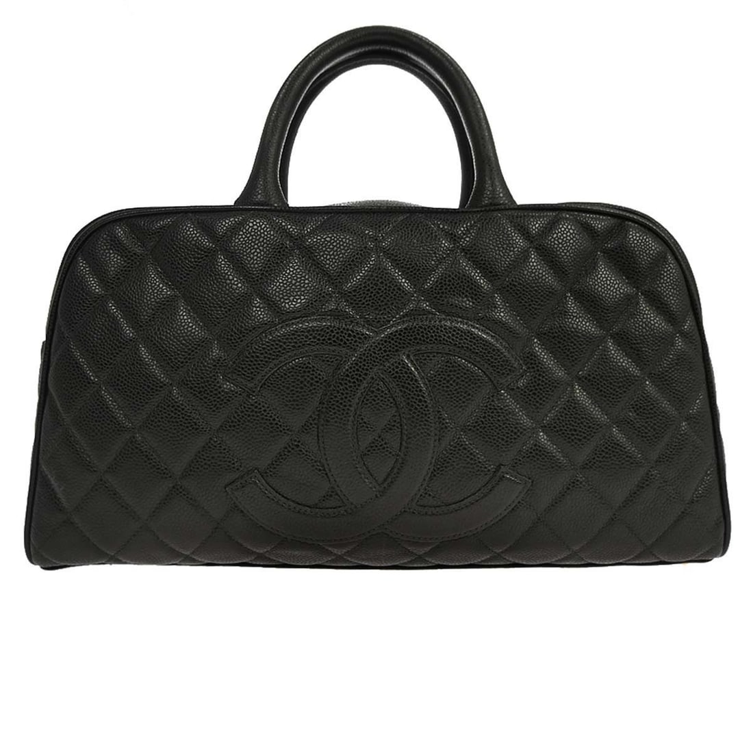 CHANEL Bowling Bag Black Caviar Skin Leather Top Handle 37: CHANEL Bowling Bag Black Caviar Skin Leather Top Handle 37 Chanel Bowling Bag in black caviar skin leather with double handles, zip closure, logo accents, and inner storage pockets. Made in France, th