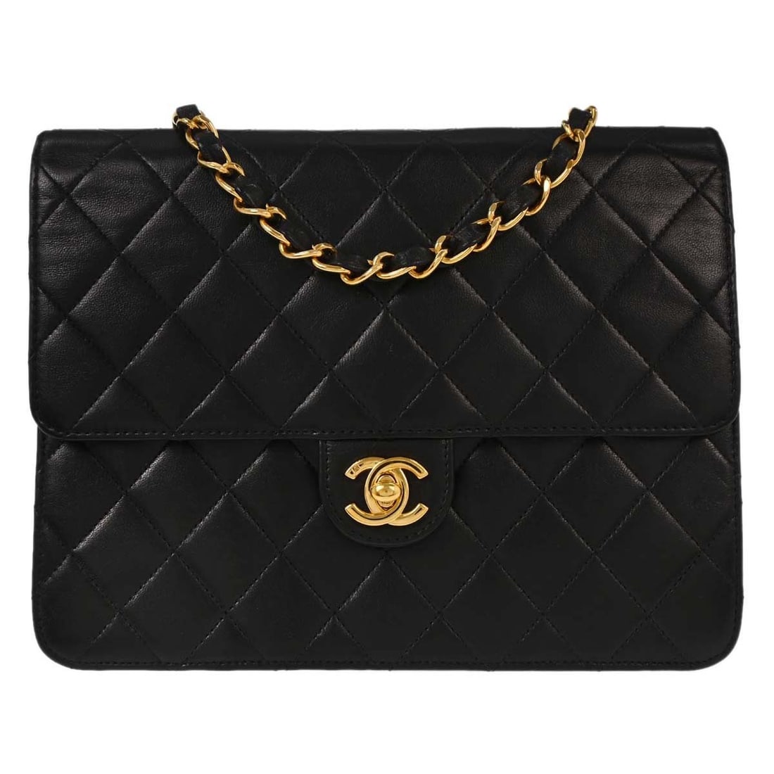 CHANEL Classic Single Flap Small Black Lambskin Shoulder Bag: CHANEL Classic Single Flap Small Black Lambskin Shoulder Bag Small Chanel half flap shoulder bag in black lambskin with a turn lock closure and shoulder strap. The bag shows scuffs on the exterior and