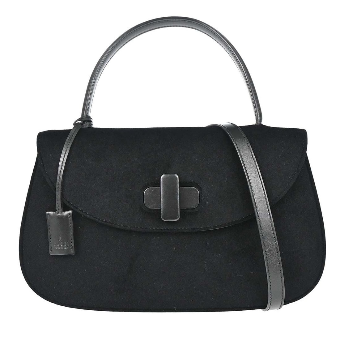 Gucci 000.0839 000926 black felt top handle bag with strap charm: Gucci 000.0839 000926 black felt top handle bag with strap charm Gucci 2way handbag in black felt with leather trim, designed with a top handle and a removable shoulder strap for versatile carry. The 
