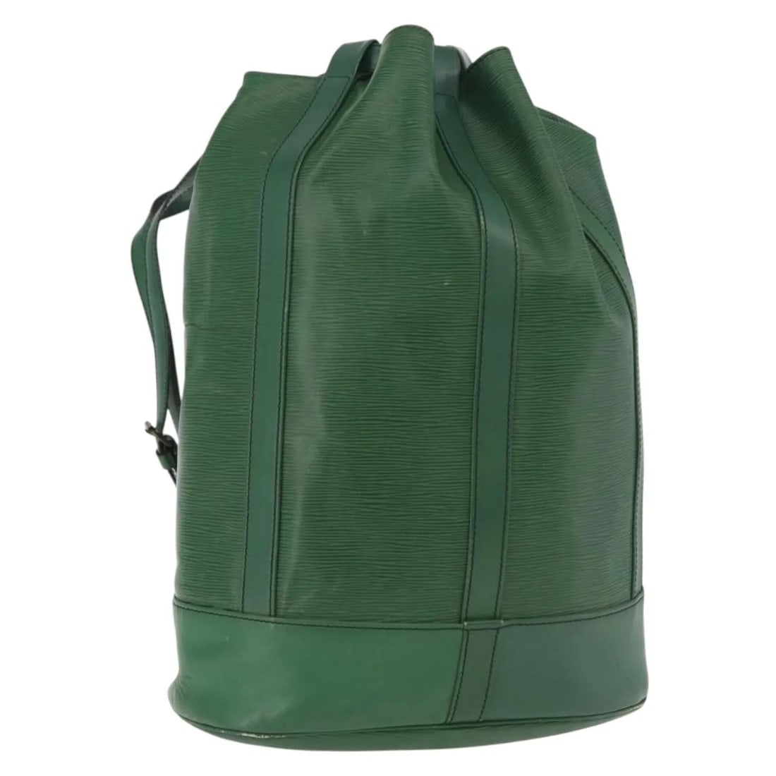 Green Leather Backpack Louis Vuitton Randonnee: Green Leather Backpack Louis Vuitton Randonnee This Louis Vuitton Randonnee Backpack features Epi leather in green and is designed for unisex use. The bag shows visible signs of wear, including rubbin