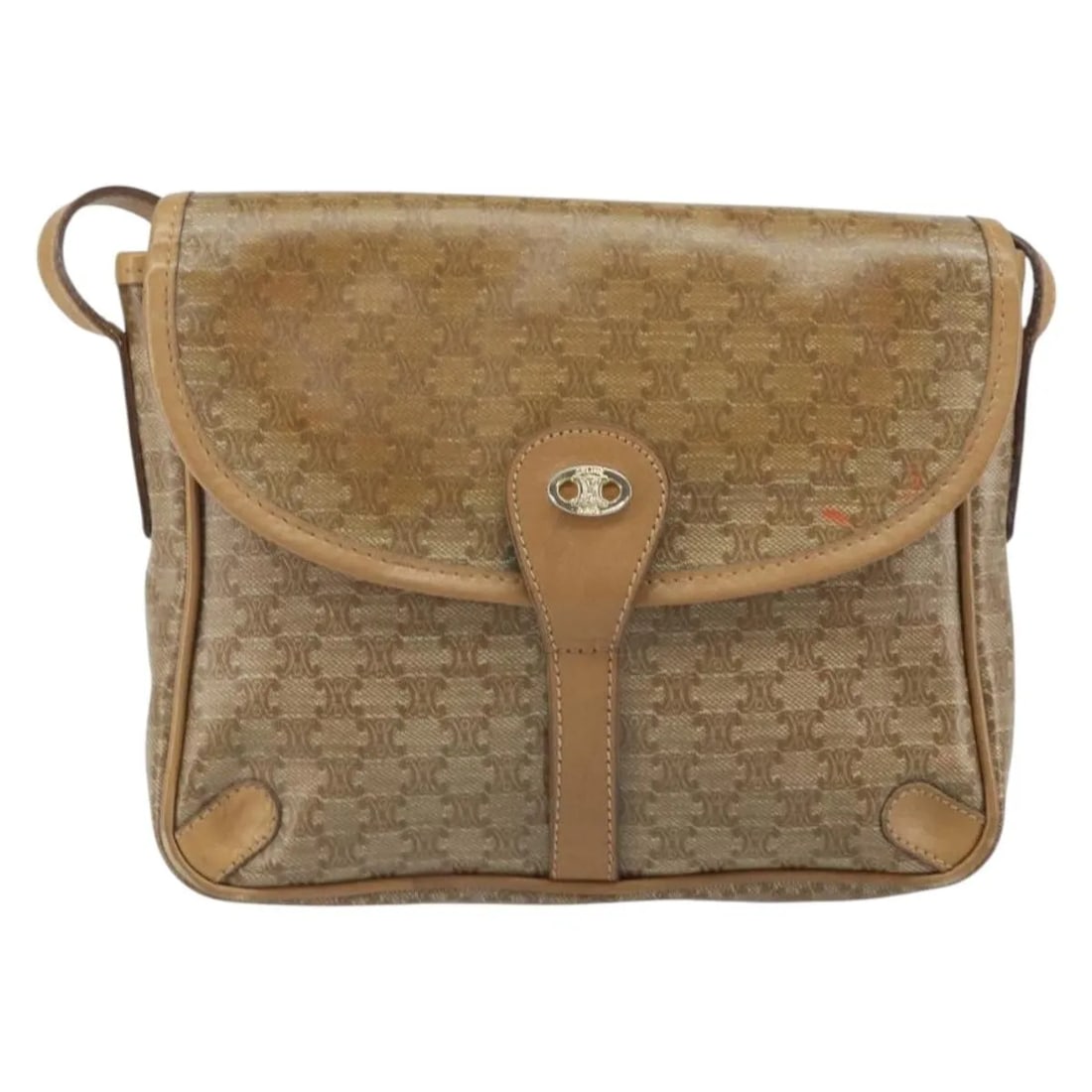Celine Vintage Macadam Shoulder Bag Beige Canvas Leather: Celine Vintage Macadam Shoulder Bag Beige Canvas Leather This Celine Vintage Macadam Shoulder Bag features a beige canvas exterior with leather accents, designed for women. The bag shows signs of wear