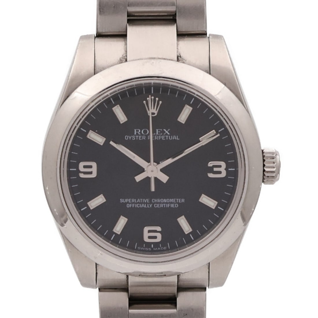Rolex 177200 Oyster Perpetual wristwatch in stainless steel black dial: Rolex 177200 Oyster Perpetual wristwatch in stainless steel black dial ROLEX Oyster Perpetual 177200 automatic wristwatch in stainless steel with a black dial and black color scheme. It features autom