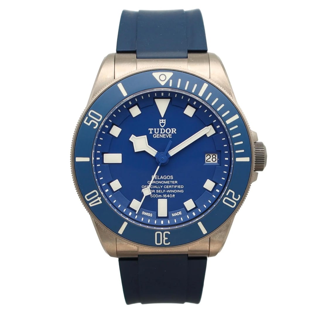 Tudor Pelagos 42mm Titanium Blue Dial Automatic Watch 25600TB: Tudor Pelagos 42mm Titanium Blue Dial Automatic Watch 25600TB This Tudor Pelagos wristwatch features a 42mm brushed titanium case with a blue dial and matching blue rubber strap. Designed for men, it 