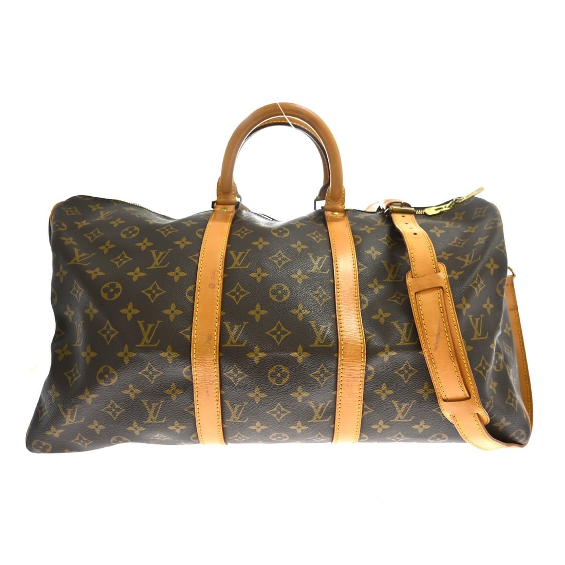 Louis Vuitton Keepall Bandouliere 55 Monogram Canvas Duffle Bag M41414: Louis Vuitton Keepall Bandouliere 55 Monogram Canvas Duffle Bag M41414 Vintage Louis Vuitton Keepall Bandouliere 55 travel bag in brown Monogram canvas with leather trim and double handles. This extra