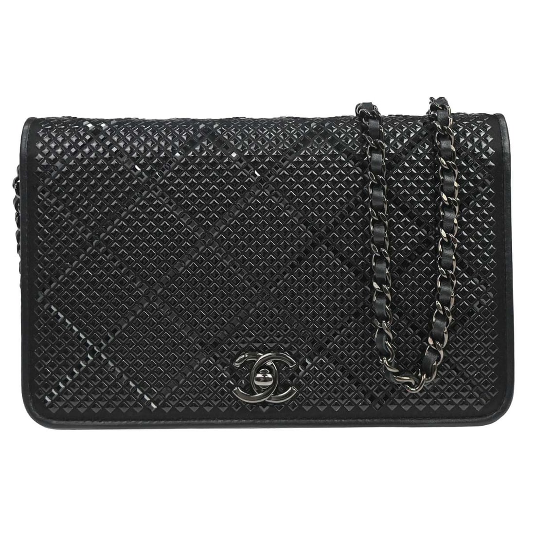 CHANEL Wallet on Chain Lambskin Studded Black Italy: CHANEL Wallet on Chain Lambskin Studded Black Italy Chanel wallet on chain in black lambskin with a studded design and folding style. It features a chain strap, multiple interior pockets, and a metal 