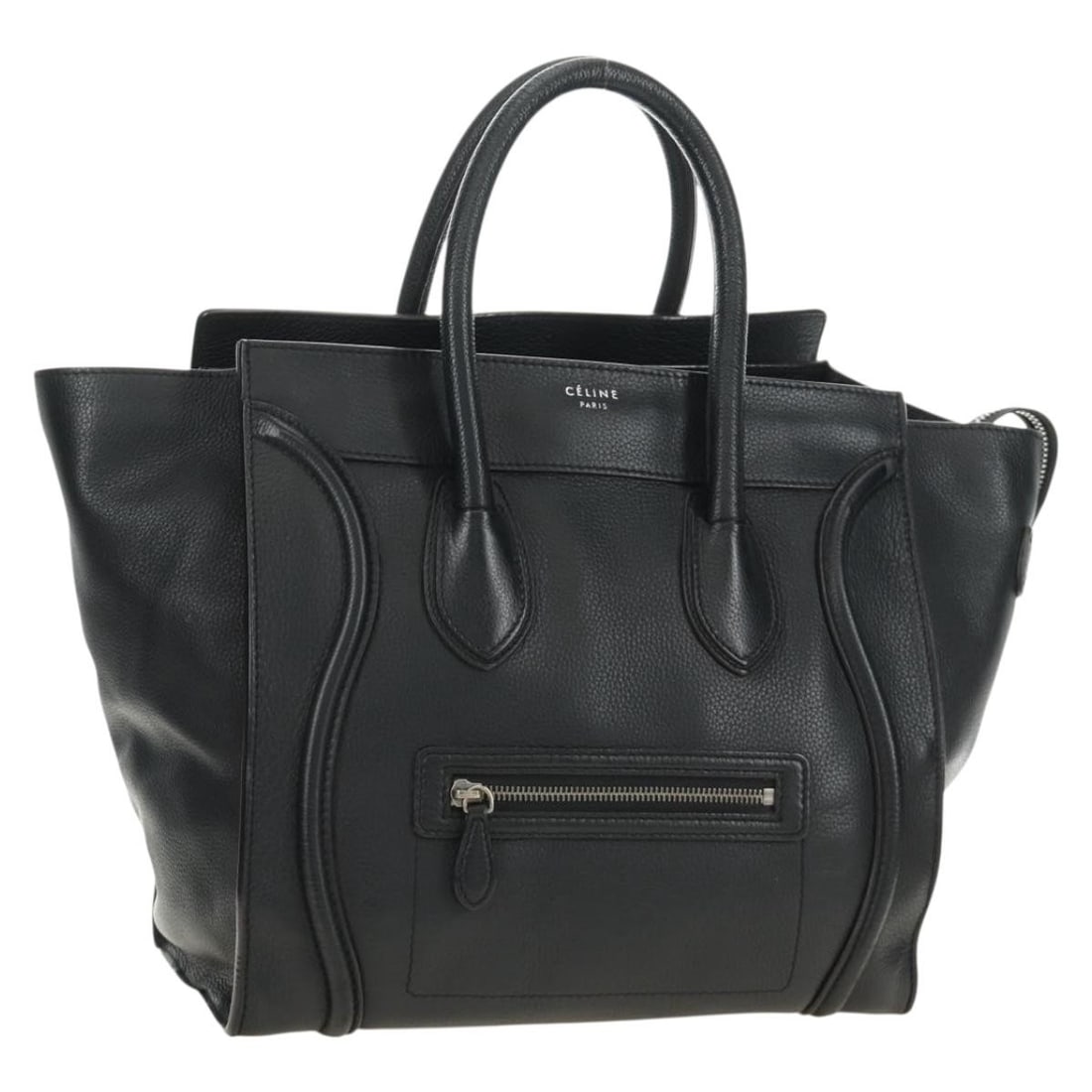 CELINE Mini Luggage Leather Handbag Black Silver Tone: CELINE Mini Luggage Leather Handbag Black Silver Tone This CELINE Luggage Mini Shopper handbag is crafted from leather in black and silver. Made in Italy, it features a structured shopper style with a