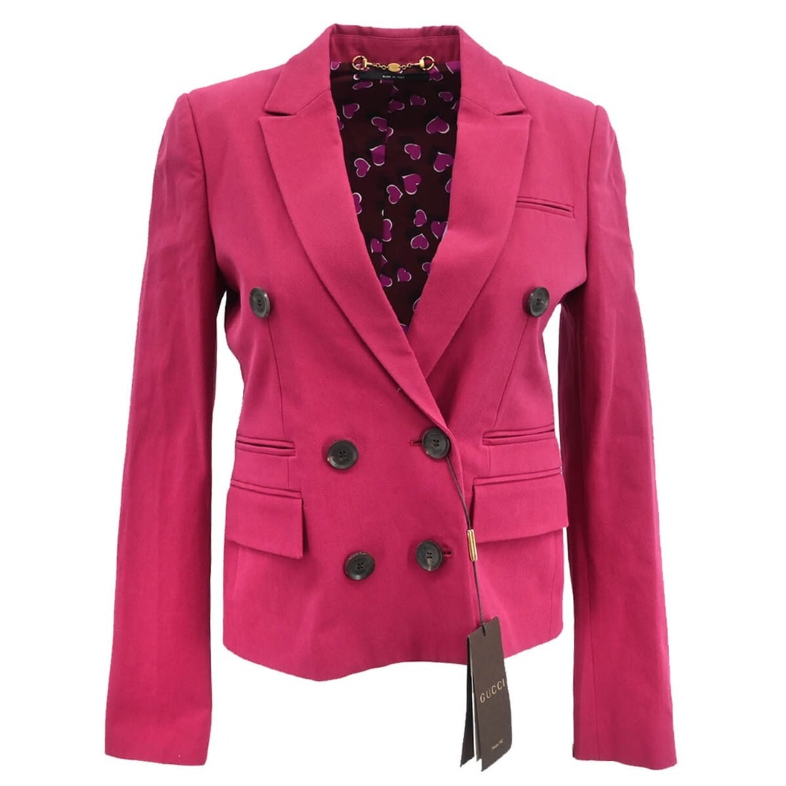 Gucci Pink Cotton Blend Double Breasted Women's Jacket Size 38: Gucci Pink Cotton Blend Double Breasted Women's Jacket Size 38 Pink double-breasted Gucci jacket in a mid-length basic style with a collared design and button accents. Made in Italy, this women's jack