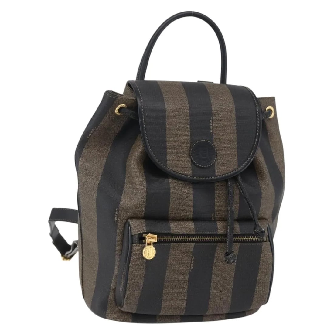 Fendi Pequin Front Pocket Backpack Brown Coated Canvas Italy: Fendi Pequin Front Pocket Backpack Brown Coated Canvas Italy Vintage Fendi Pequin Logo item in brown coated canvas, designed for female use. It is made in Italy and measures 22 cm x 28 cm x 14 cm. The