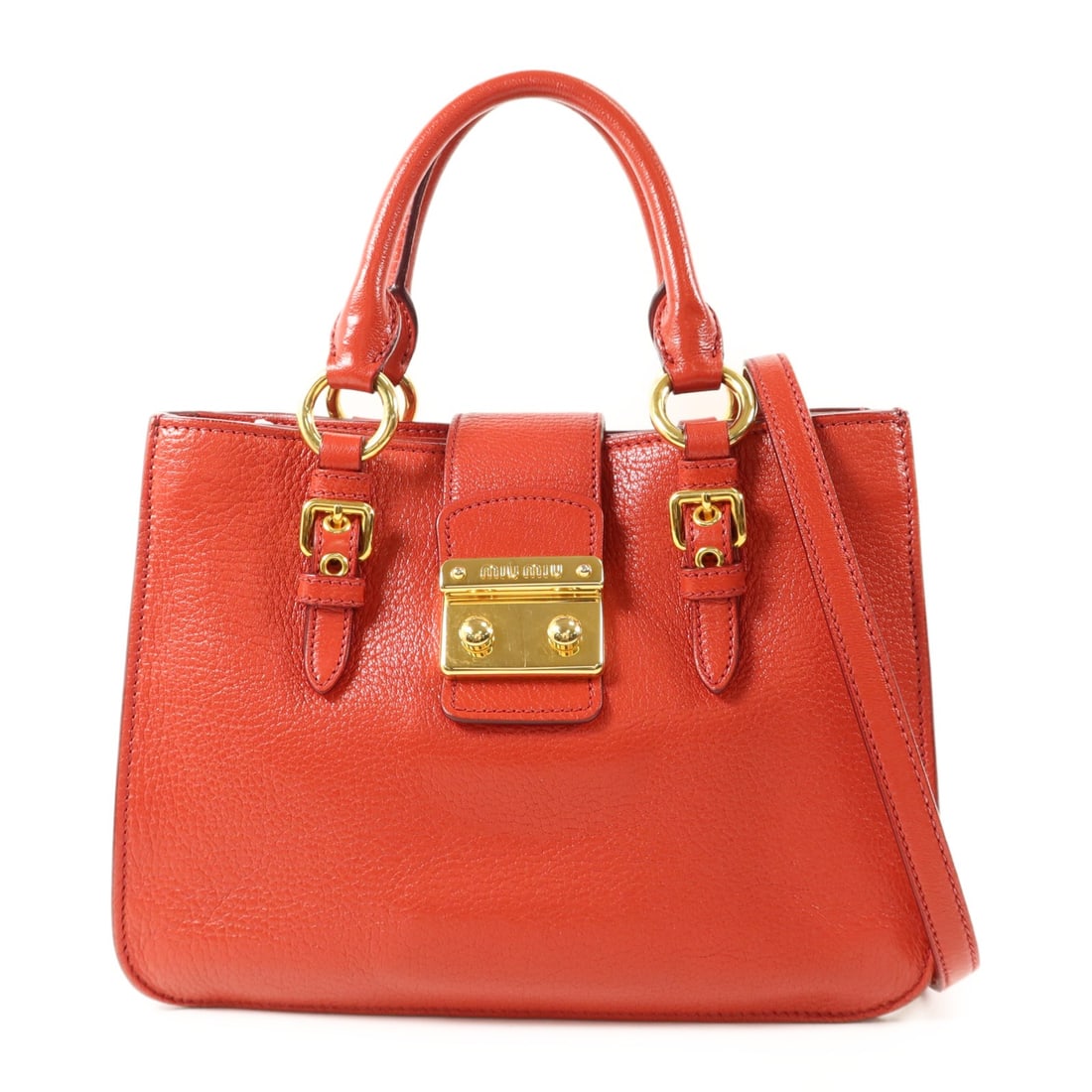 Miu Miu Red Calfskin 2 Way Shoulder Bag Gold Tone Hardware: Miu Miu Red Calfskin 2 Way Shoulder Bag Gold Tone Hardware Miu Miu 2-way shoulder bag in red calfskin (cowhide) leather, designed for women. It features a structured shape with a red frame color, one 