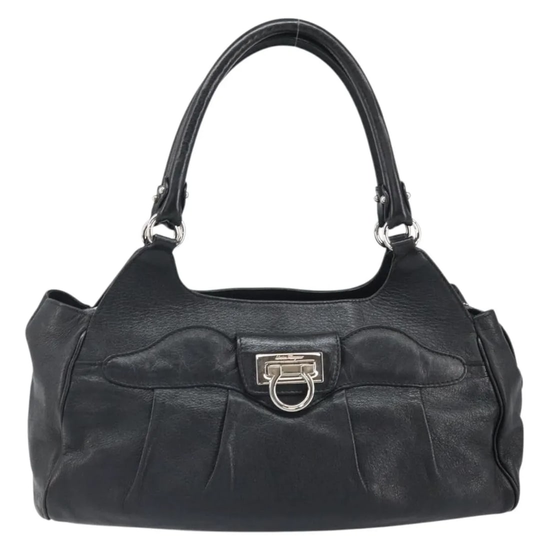 Black Leather Handbag Salvatore Ferragamo Gancini 32cm x 19cm x 8cm: Black Leather Handbag Salvatore Ferragamo Gancini 32cm x 19cm x 8cm This Salvatore Ferragamo Gancini handbag features a classic black leather exterior and is designed for women. The bag offers a spaci