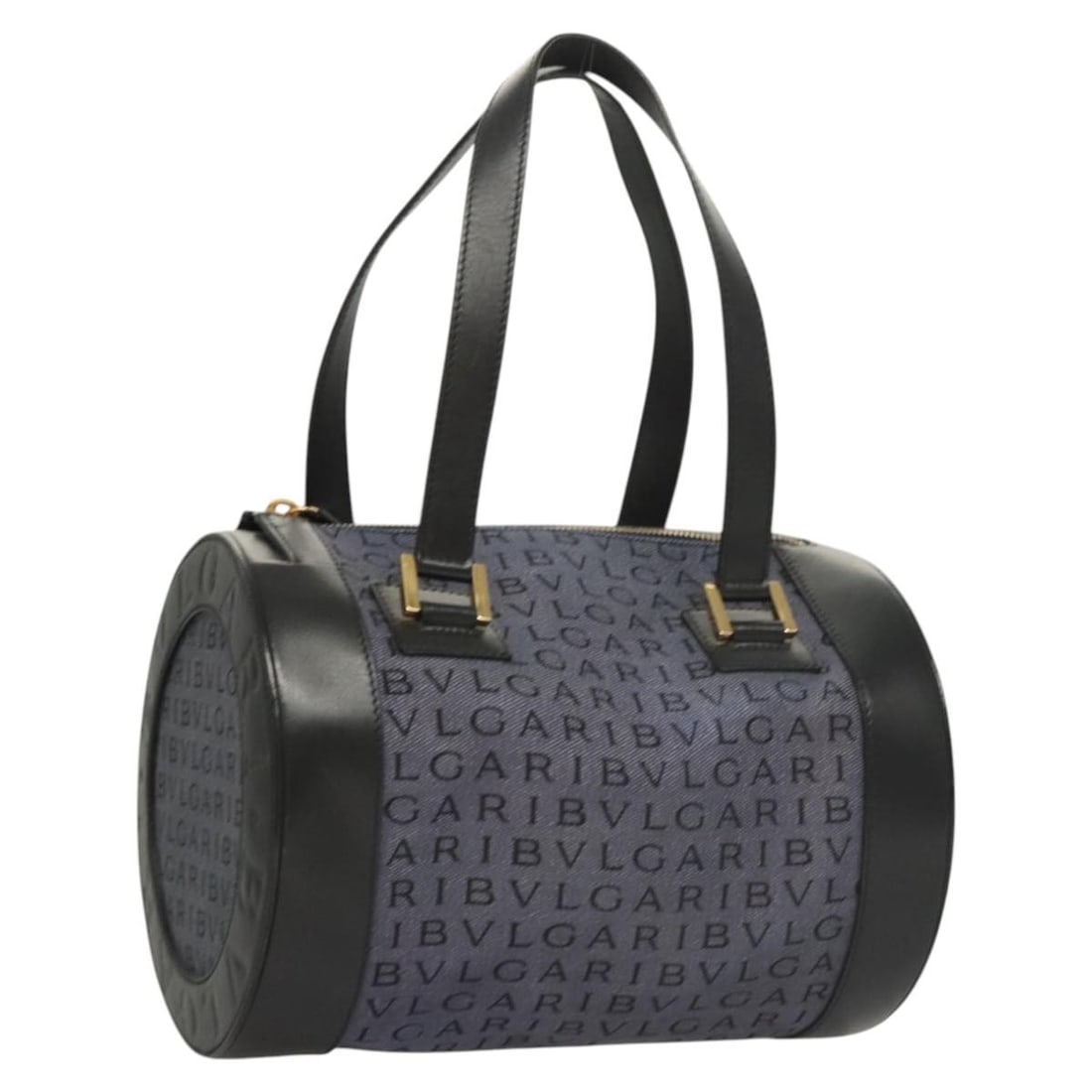 Bvlgari Navy Canvas Women's Handbag with Gold Accents: Bvlgari Navy Canvas Women's Handbag with Gold Accents This women's handbag by BVLGARI features a navy and gold canvas exterior. The bag measures approximately 24cm in width, 17cm in height, and 17cm i