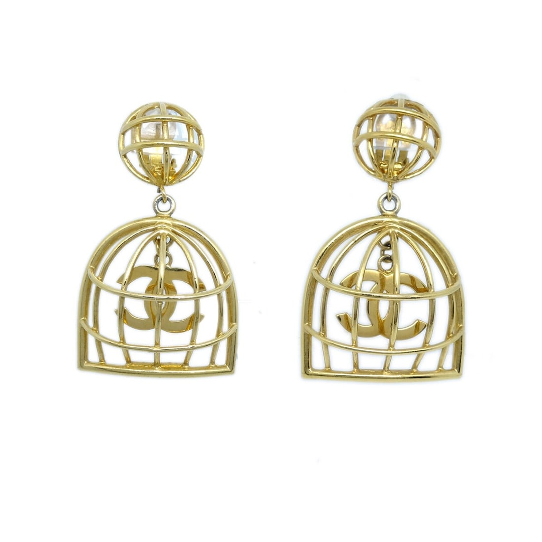 Chanel Birdcage Gold Plated Clip On Dangle Earrings (1 of 6)