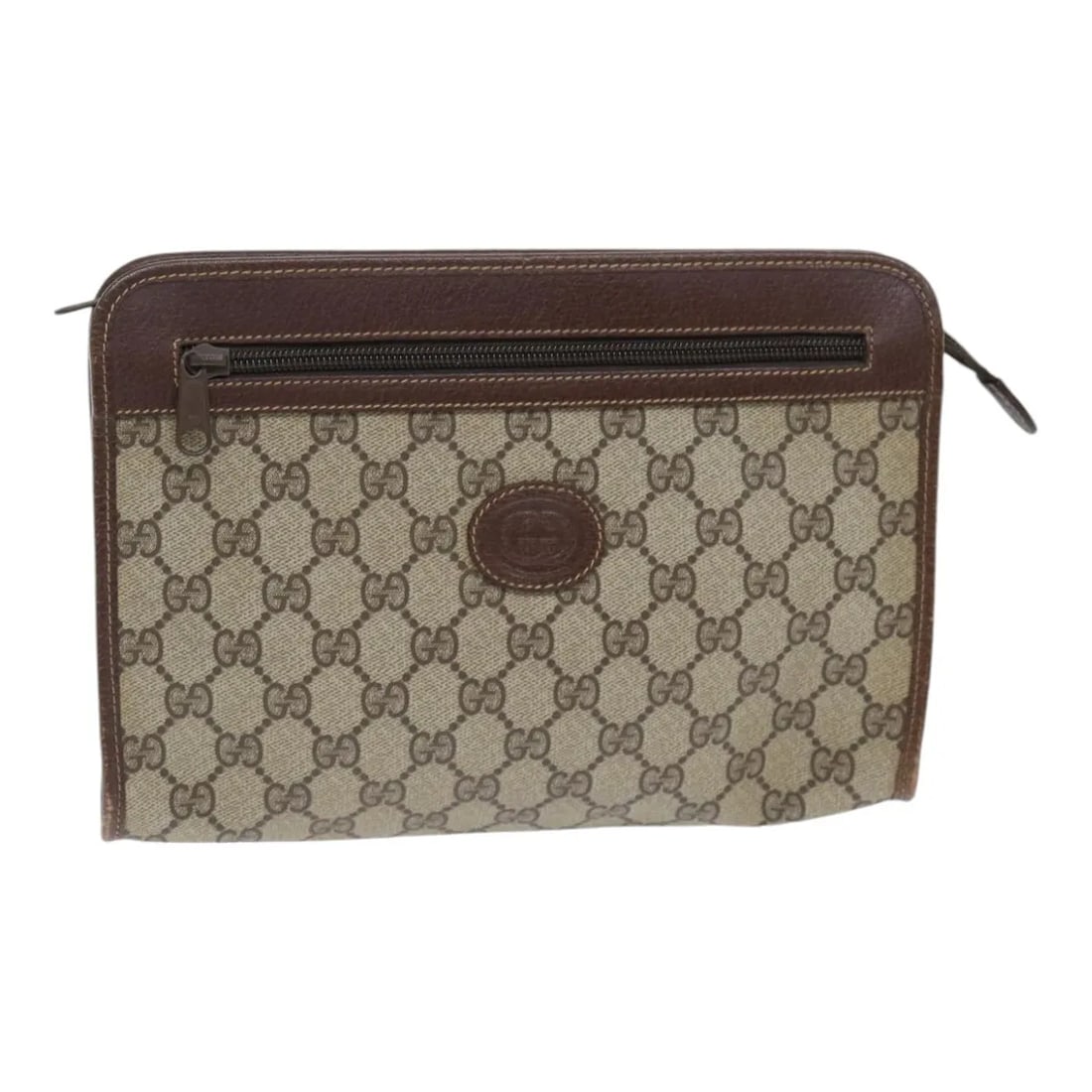 Beige PVC Gucci GG Supreme clutch: Beige PVC Gucci GG Supreme clutch This Gucci GG Supreme Clutch bag is crafted from durable beige PVC and designed for women. The bag features the iconic GG Supreme pattern and is made in Italy. It sho