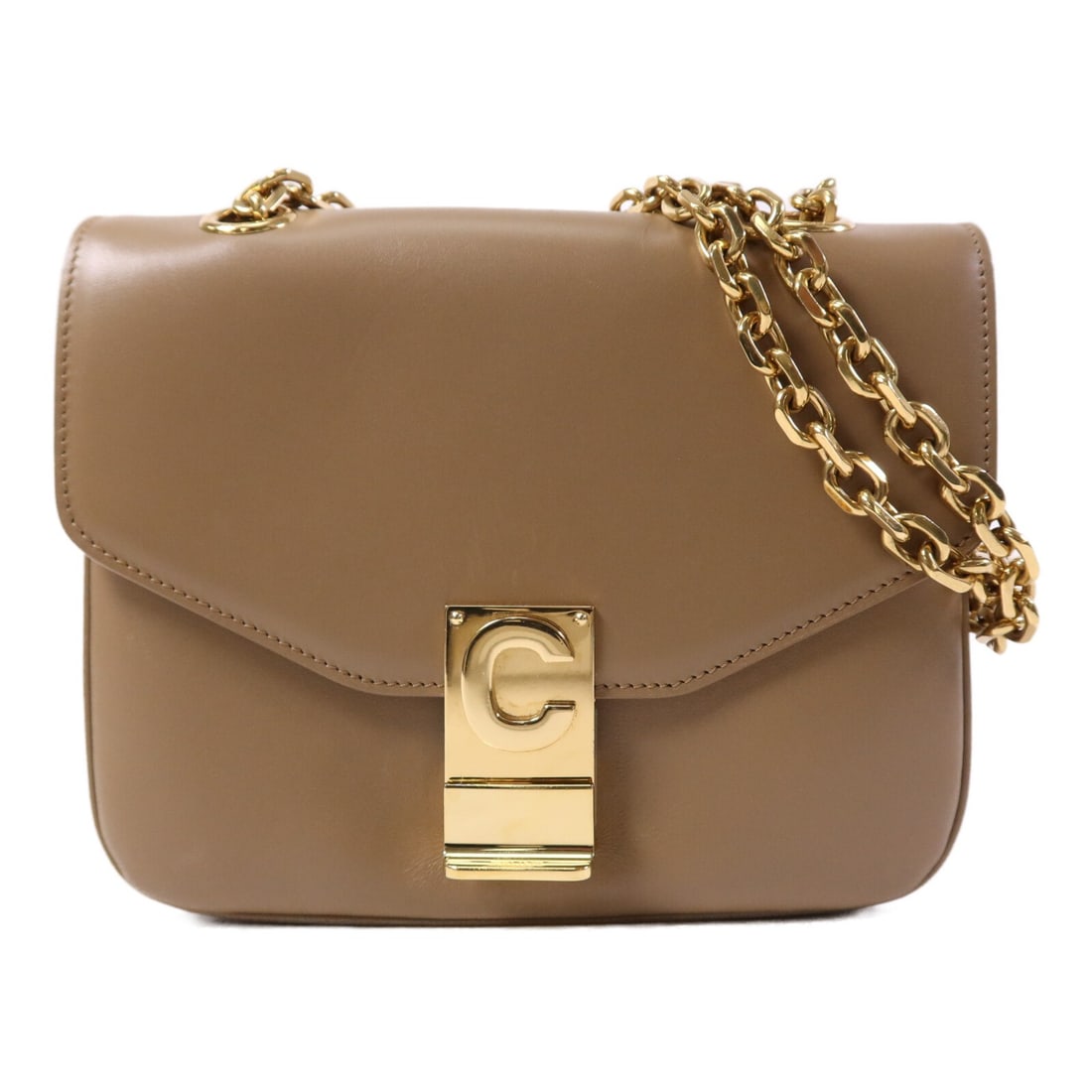 CELINE Small C Chain Shoulder Bag Beige Calfskin Leather: CELINE Small C Chain Shoulder Bag Beige Calfskin Leather A CELINE Small C Chain Shoulder Bag in beige calfskin leather with gold-tone hardware. It features one open interior pocket and one interior zi