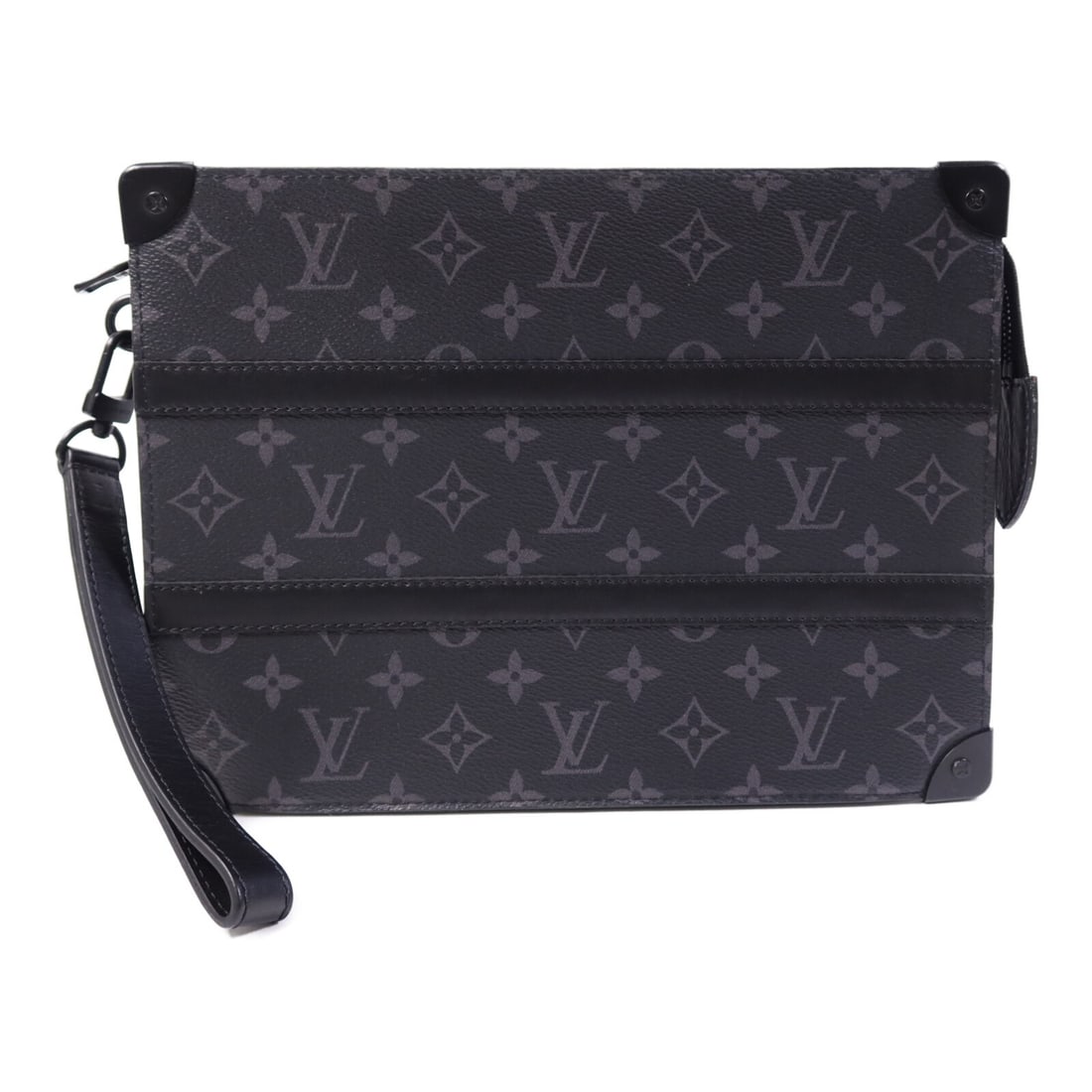Louis Vuitton M45937 Trunk Pochette Clutch in Black Monogram Eclipse: Louis Vuitton M45937 Trunk Pochette Clutch in Black Monogram Eclipse A Louis Vuitton Trunk Pochette clutch bag in black Monogram Eclipse and PVC coated canvas. This women's regular-size bag is made in