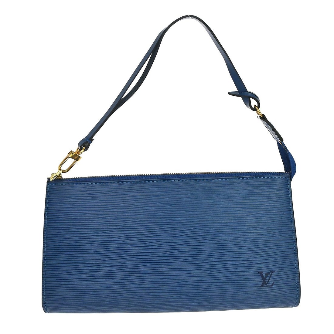 Louis Vuitton Pochette Accessoires 24 Blue Epi Leather Zip Handbag M52945: Louis Vuitton Pochette Accessoires 24 Blue Epi Leather Zip Handbag M52945 Louis Vuitton Epi Pochette Accessoires 24 handbag in blue Epi leather with a gold-tone zip closure. It features a top handle, 