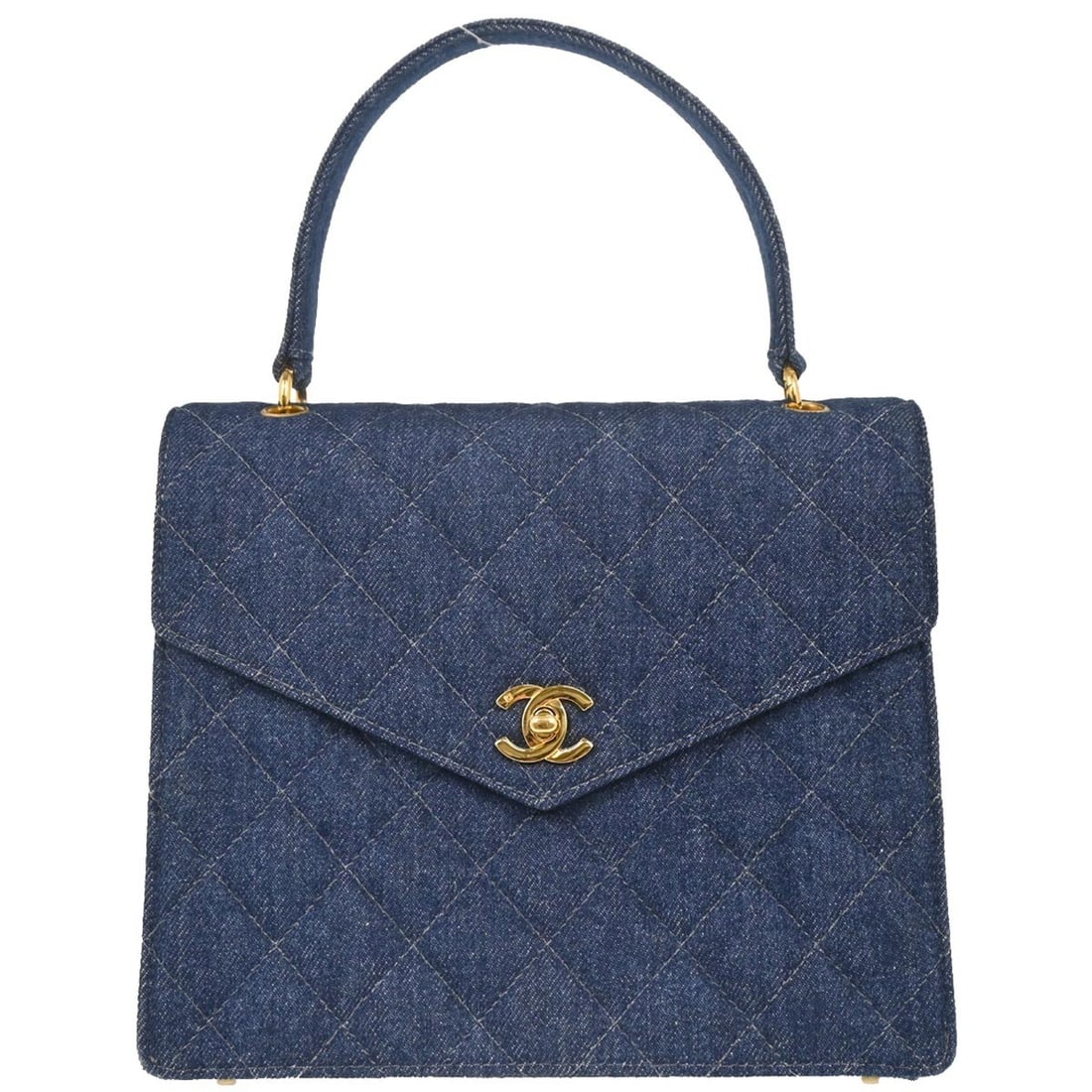 CHANEL CC Logos medium denim top handle bag in blue: CHANEL CC Logos medium denim top handle bag in blue Chanel top handle handbag in blue denim canvas with a flap turnlock closure and CC logo accents. The bag has a blue leather-lined interior with one 