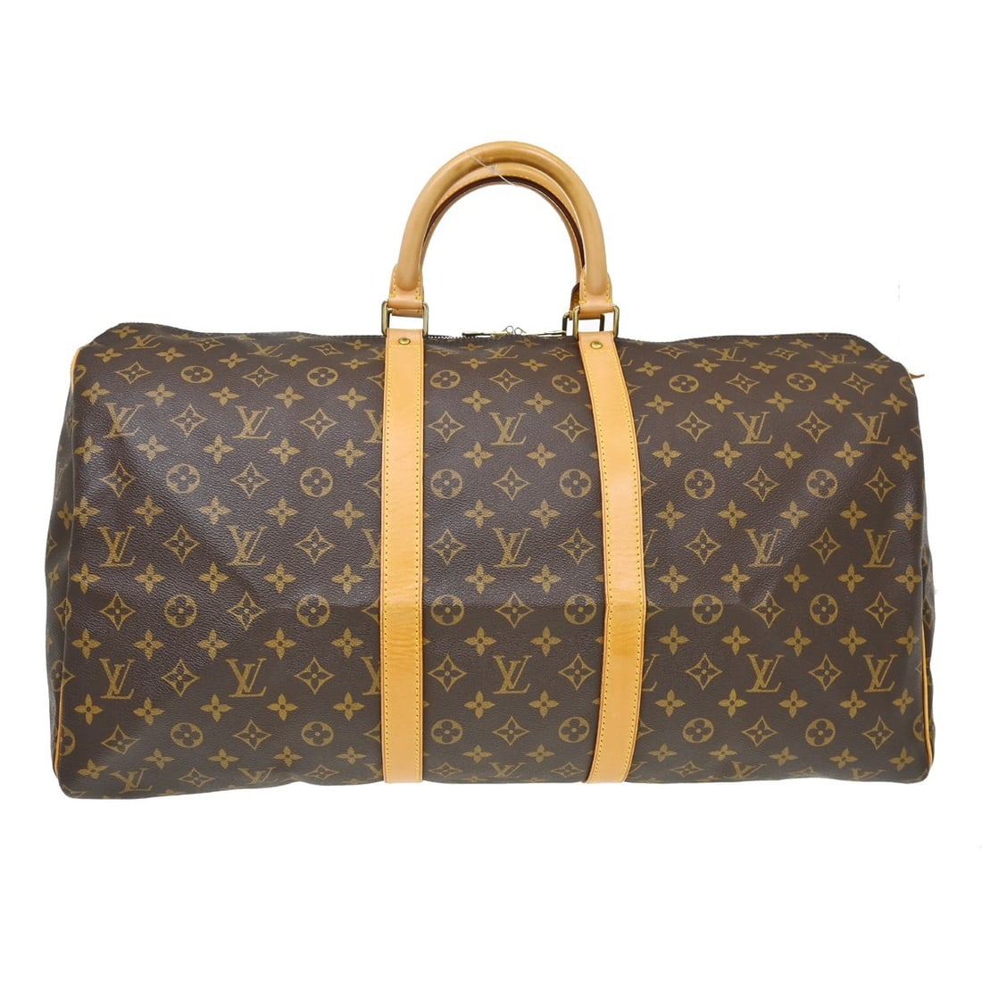 Vintage Louis Vuitton Keepall 55 Monogram Canvas Travel Duffle Bag: Vintage Louis Vuitton Keepall 55 Monogram Canvas Travel Duffle Bag Vintage Louis Vuitton Keepall 55 travel handbag in Monogram canvas with leather trim and double handles. This extra-large duffle-styl