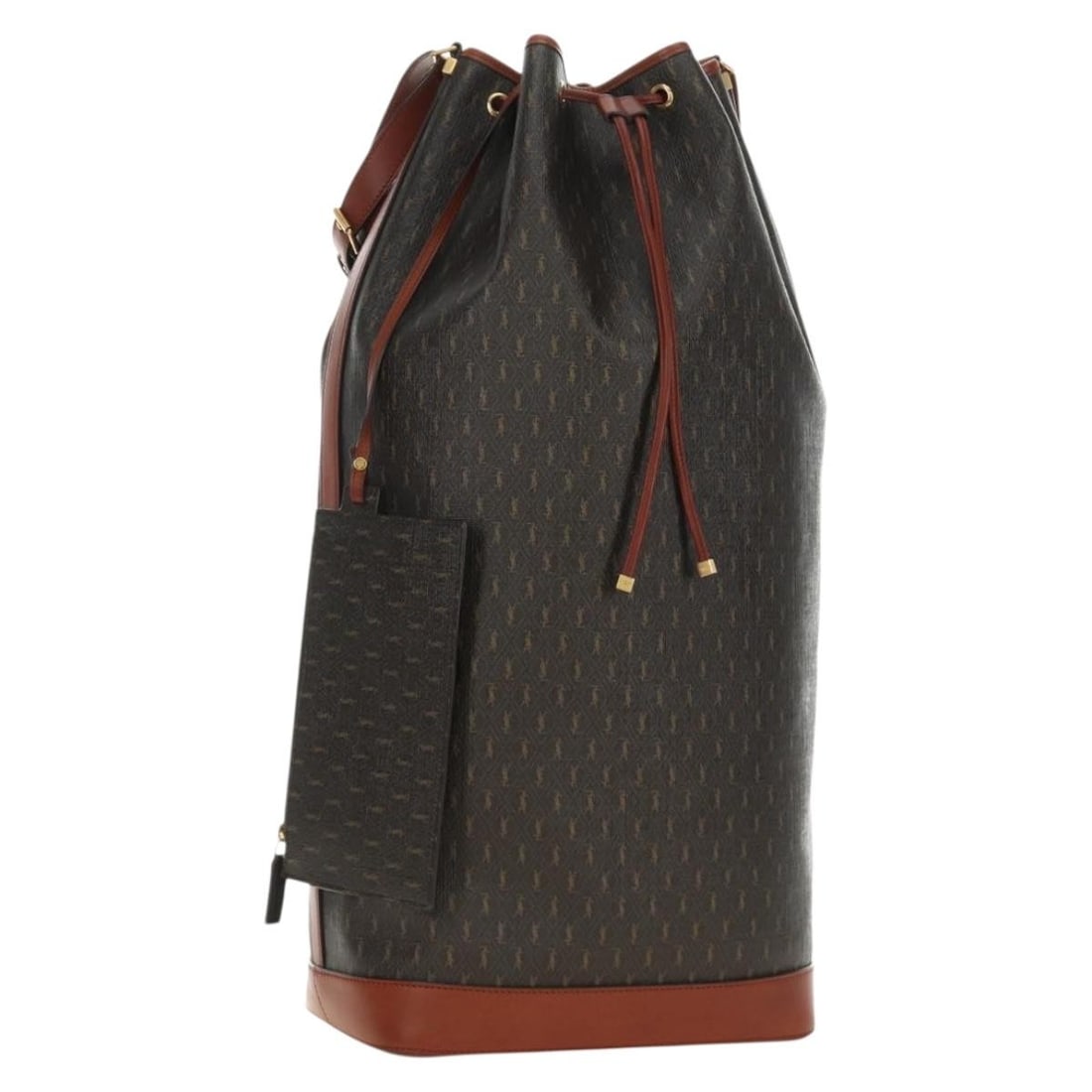 Saint Laurent Le Monogram PVC Leather Bucket Handbag Brown Gold: Saint Laurent Le Monogram PVC Leather Bucket Handbag Brown Gold Saint Laurent Le Monogram Bucket Bag in brown and gold PVC leather. This handbag is made in Italy and comes with a dust bag and pouch. C