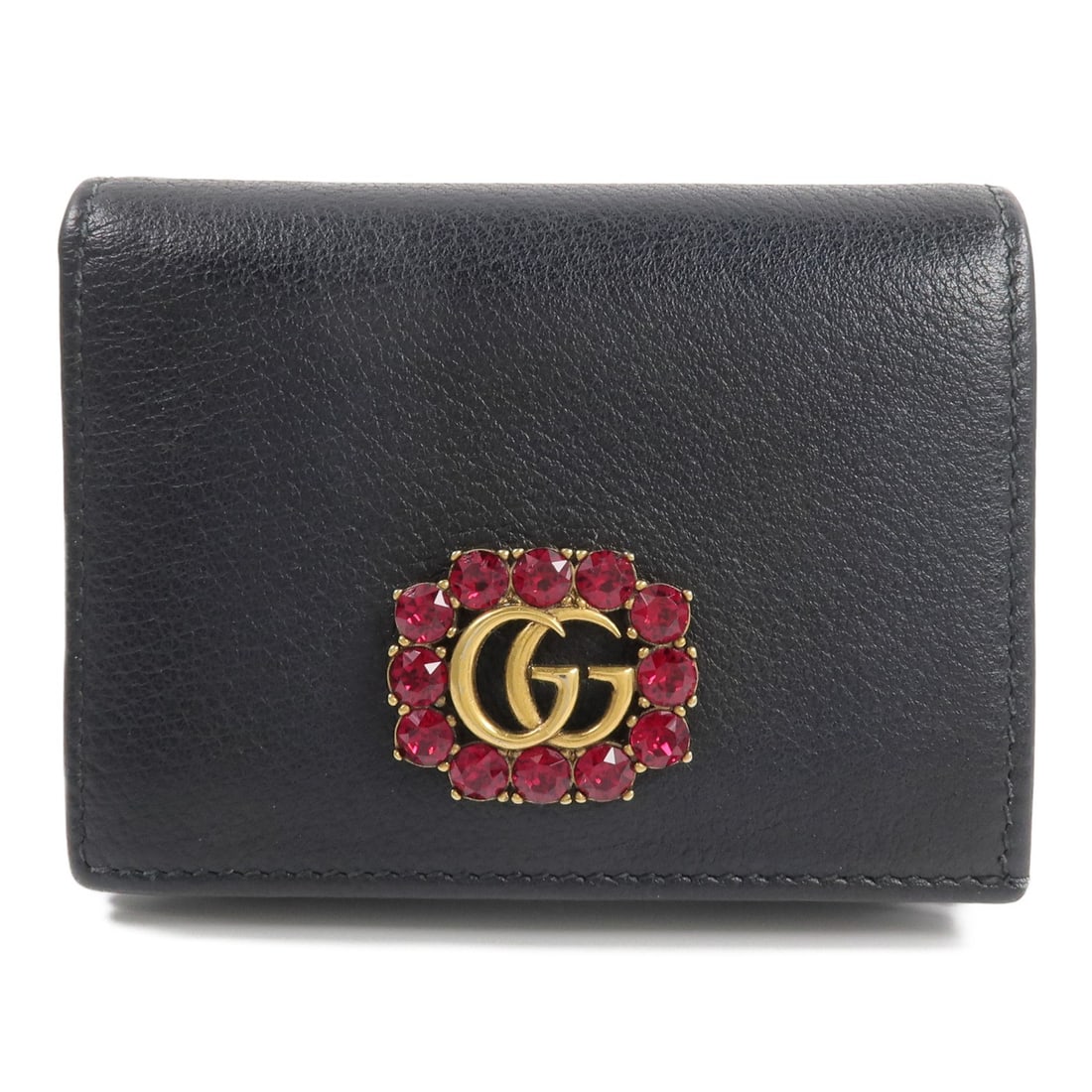 GUCCI GG Marmont Bi Fold Wallet 499783 Black Calfskin Leather: GUCCI GG Marmont Bi Fold Wallet 499783 Black Calfskin Leather A Gucci GG Marmont bi-fold wallet in black calfskin leather. It features a hook button closure and includes five card slots, one coin case