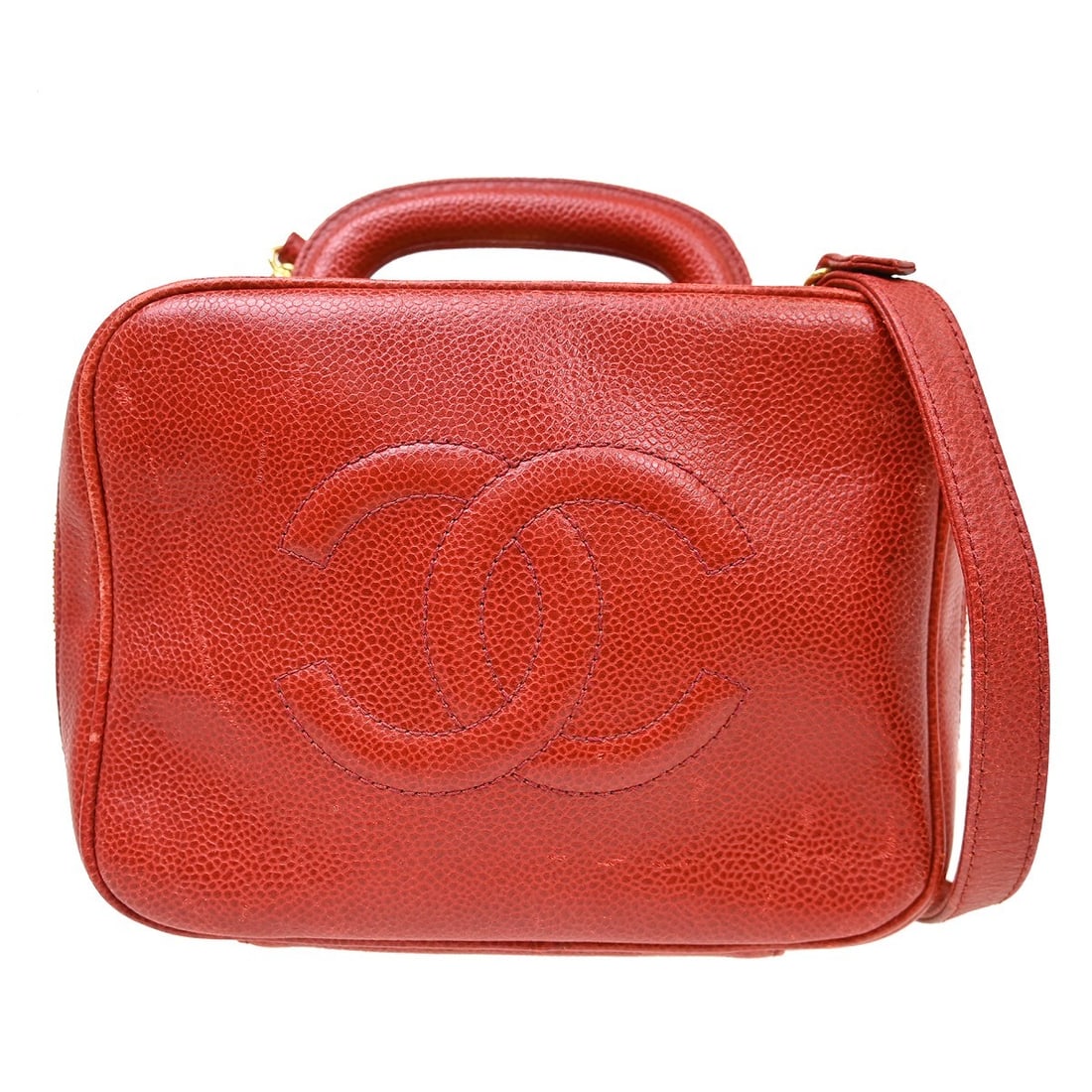 CHANEL Vanity Bag Red Caviar Leather 2Way Shoulder Handbag: CHANEL Vanity Bag Red Caviar Leather 2Way Shoulder Handbag Chanel Timeless Lunch Box Vanity 20 2-way handbag in red caviar skin leather with black leather lining and gold-color hardware. This medium v