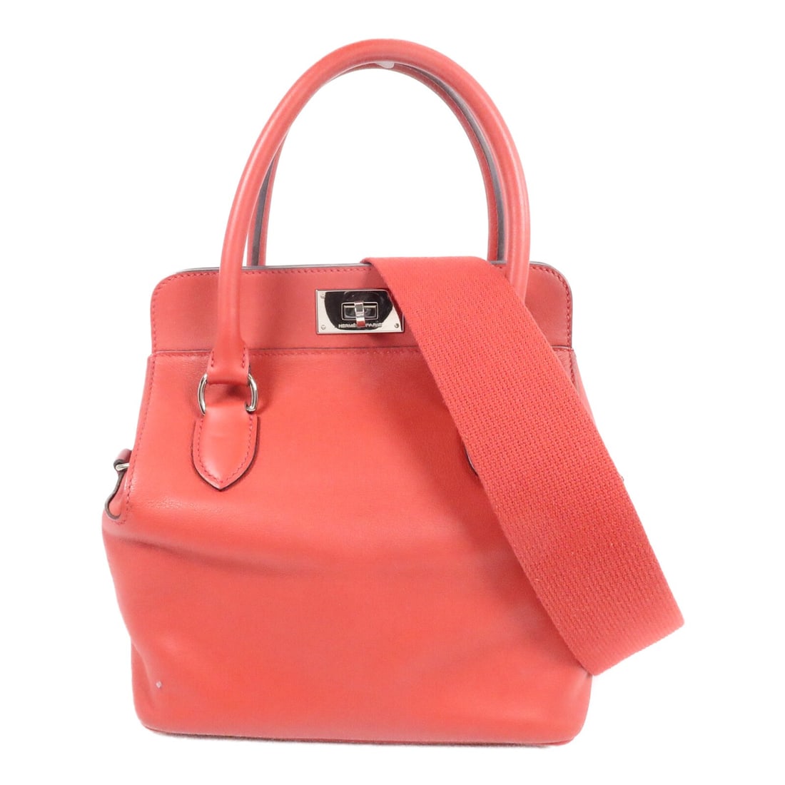Hermes Tool Box 20 Swift Leather 2way Shoulder Bag Vermillion PHW: Hermes Tool Box 20 Swift Leather 2way Shoulder Bag Vermillion PHW Hermes PHW Tool Box 20 2 Way Shoulder Bag in Vermillon/red, made from Swift leather and calfskin (cowhide). It features a turn lock cl