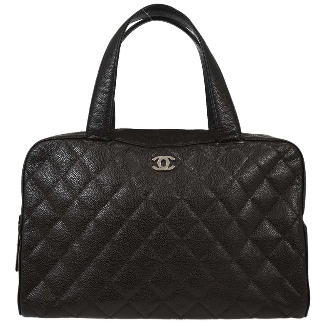 CHANEL Caviar Brown Leather Top Handle Bowling Handbag: CHANEL Caviar Brown Leather Top Handle Bowling Handbag Chanel bowling bag in brown caviar skin leather with double handles, zip closure, logo accents, and inner pockets. Made in Italy, this large top 