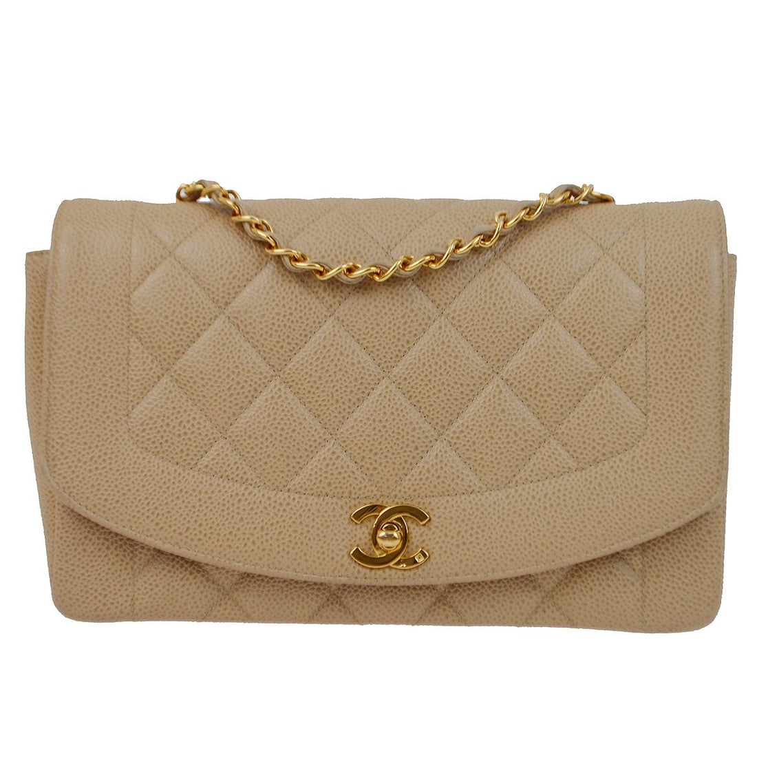 CHANEL Diana Medium Shoulder Bag Beige Caviar Leather Quilted: CHANEL Diana Medium Shoulder Bag Beige Caviar Leather Quilted Medium Diana shoulder bag in beige caviar skin leather with a quilted exterior, flap turnlock closure, and single chain crossbody strap. T