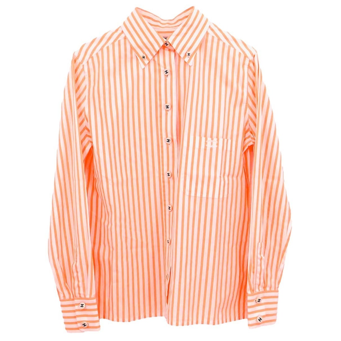Vintage CHANEL Orange Cotton Collared Long Sleeve Blouse: Vintage CHANEL Orange Cotton Collared Long Sleeve Blouse Vintage Chanel long sleeve blouse in orange and white cotton with a collared neckline, button front, and regular fit. This women's blouse is st
