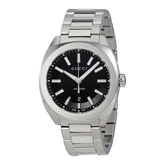 Gucci GG2570 41MM Stainless Steel Black Dial Quartz Watch YA142301: Gucci GG2570 41MM Stainless Steel Black Dial Quartz Watch YA142301 Elevate your style with the Gucci GG2570 41MM Steel Date Black Dial Quartz Men's Watch. This luxury wristwatch features a sleek black