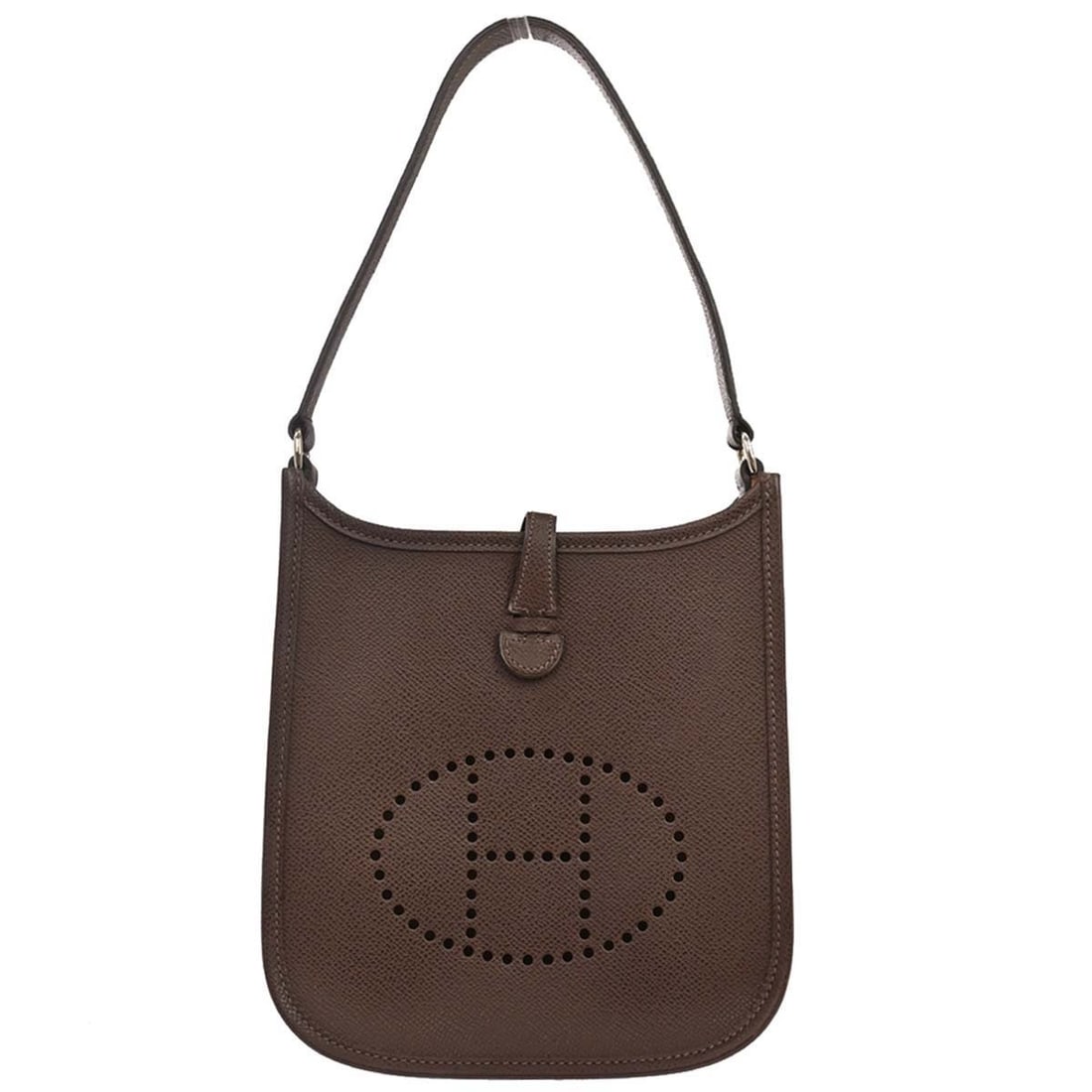 Hermes Evelyne TPM Mini Handbag Ebene Epsom Leather France: Hermes Evelyne TPM Mini Handbag Ebene Epsom Leather France Hermes Evelyne TPM handbag in Ebene Epsom leather, made in France. This mini bag features a snap closure, leather lining, logo accent, and a 