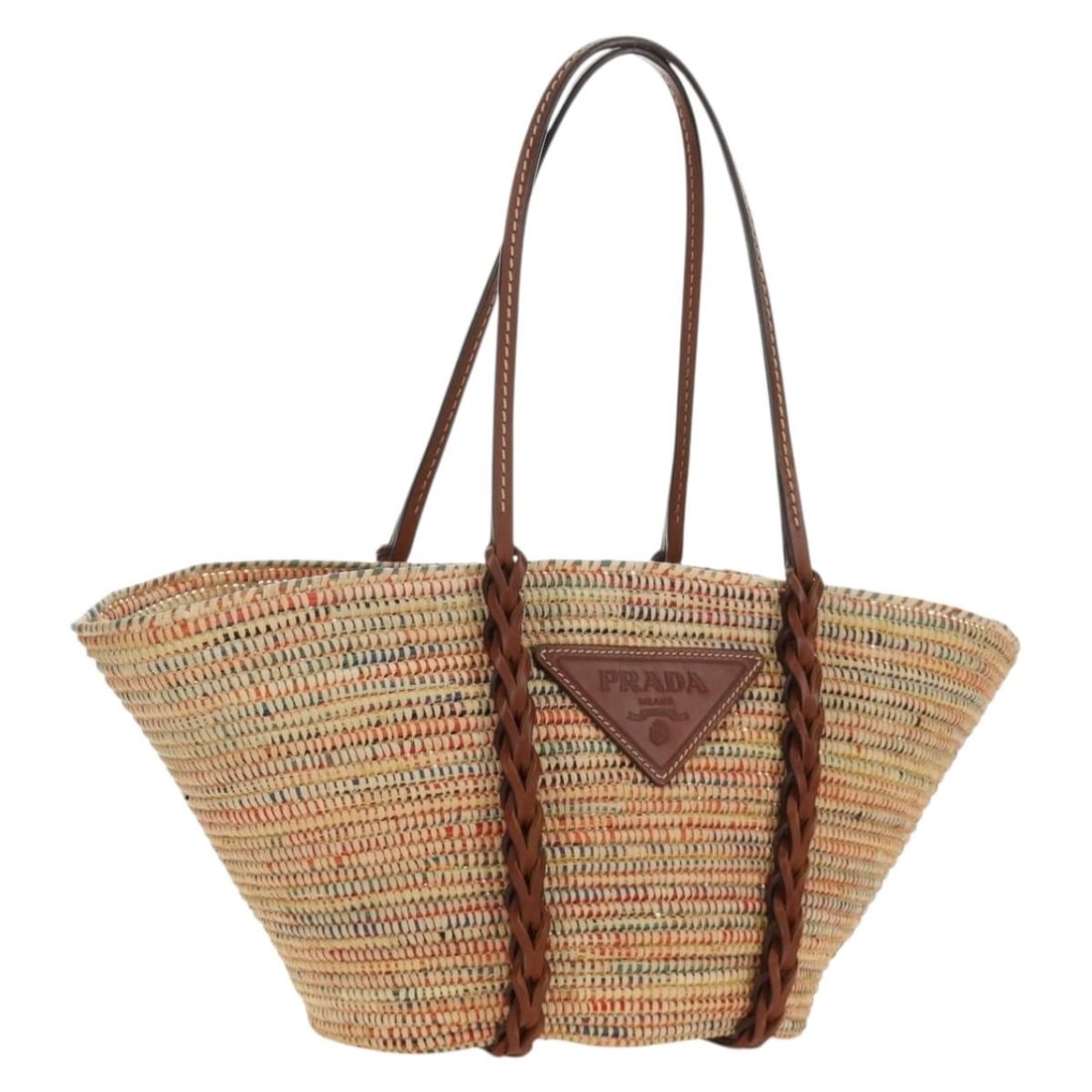Prada Beige Raffia Tote Bag with Dust Bag Made in Italy: Prada Beige Raffia Tote Bag with Dust Bag Made in Italy A Prada tote bag in beige with a raffia-style appearance, presented as a structured tote with a spacious silhouette. It is made of wood, include