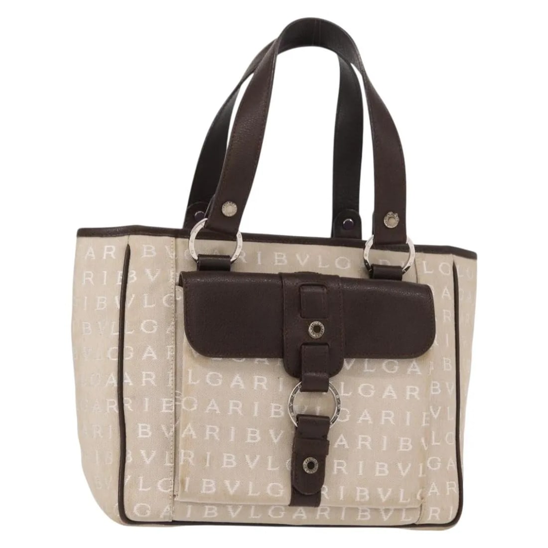 Bvlgari Logomania Beige Canvas Handbag Made in Italy: Bvlgari Logomania Beige Canvas Handbag Made in Italy This pre-owned Bvlgari Logomania handbag for women features a beige canvas exterior with leather accents. It measures 24cm x 20cm x 12cm. The bag s