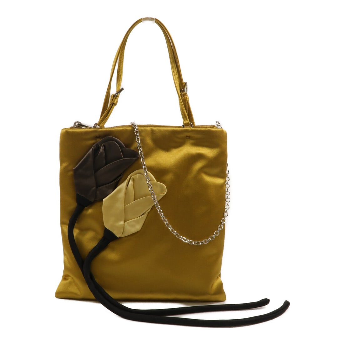 Prada 1BA252 satin flower tote shoulder bag yellow with strap: Prada 1BA252 satin flower tote shoulder bag yellow with strap A PRADA 2-way shoulder tote bag in yellow satin, model 1BA252, with a flower design. It comes with a shoulder strap and storage bag, and i