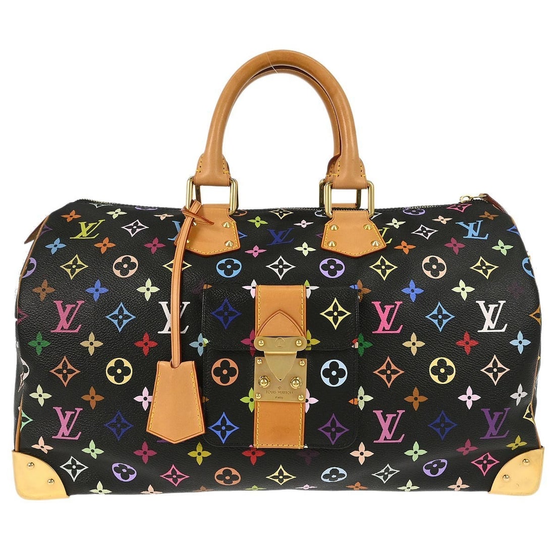 Louis Vuitton Speedy 40 Black Monogram Multicolor Handbag M93217: Louis Vuitton Speedy 40 Black Monogram Multicolor Handbag M93217 Louis Vuitton Speedy 40 handbag in black Monogram Multicolor canvas with leather trim. This women's handbag features double handles, a 